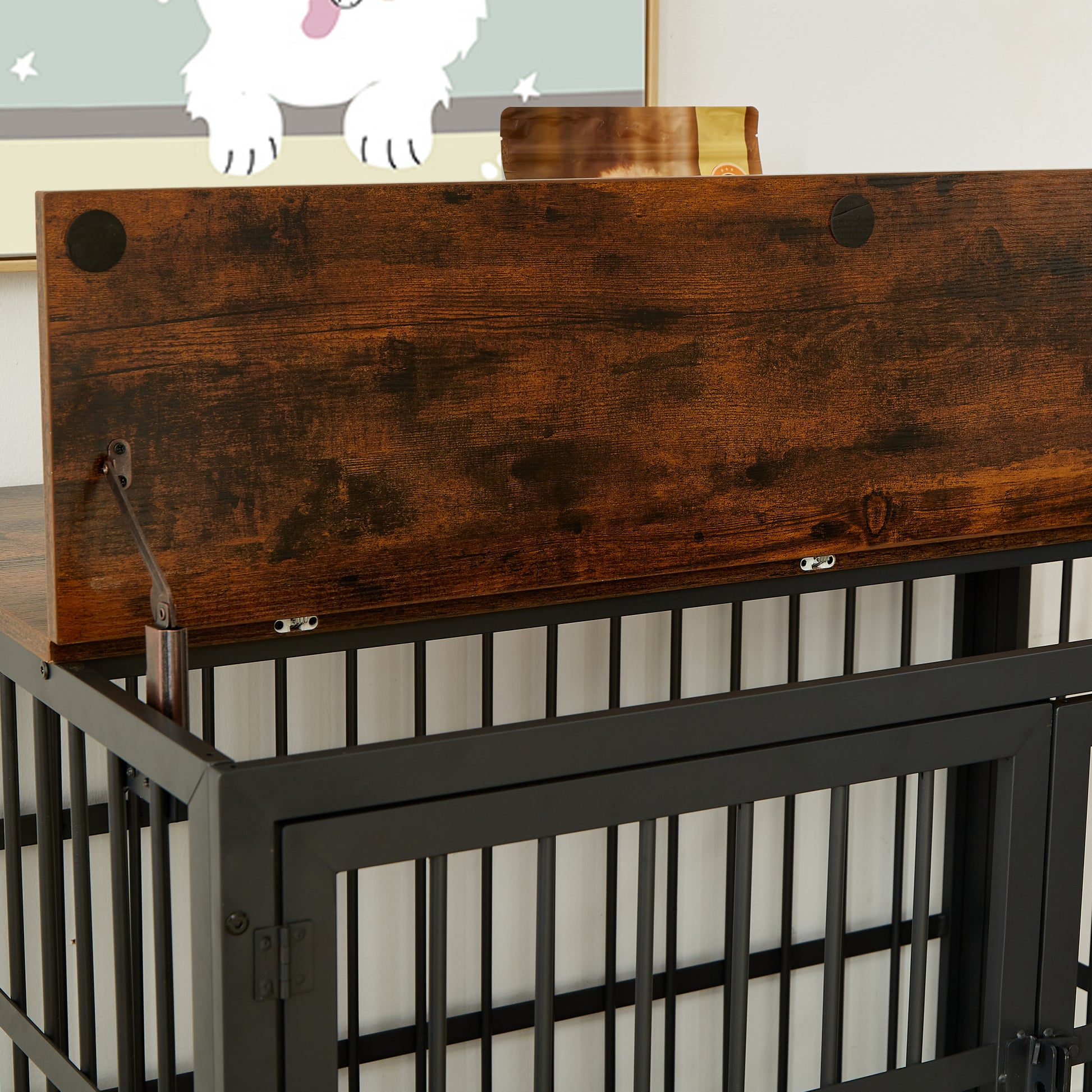 Furniture Style Dog Crate Wrought Iron Frame Door With Side Openings, Rustic Brown, 43.3''W X 29.9''D X 33.5''H. Rustic Brown Particle Board