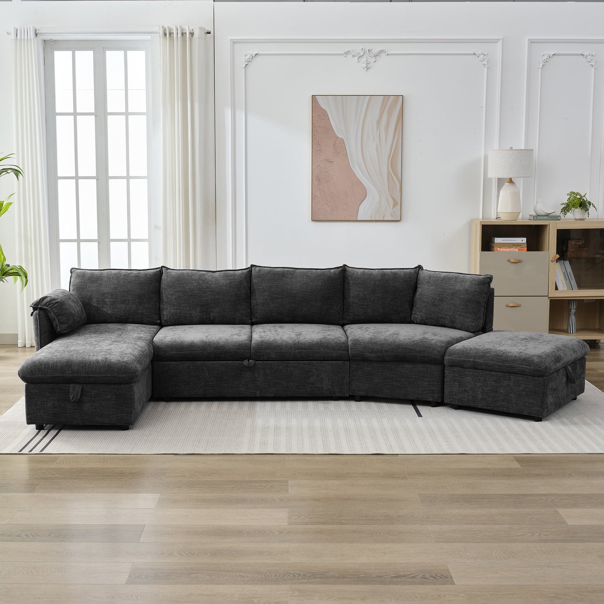 146.9" L Shaped Sofa Sectional Sofa Couch Pull Out Sofa Bed With A Movable Storage Ottoman, A Storage Chaise Lounge And Two Usb Ports For Living Room, Grey Grey Foam Linen 5 Seat