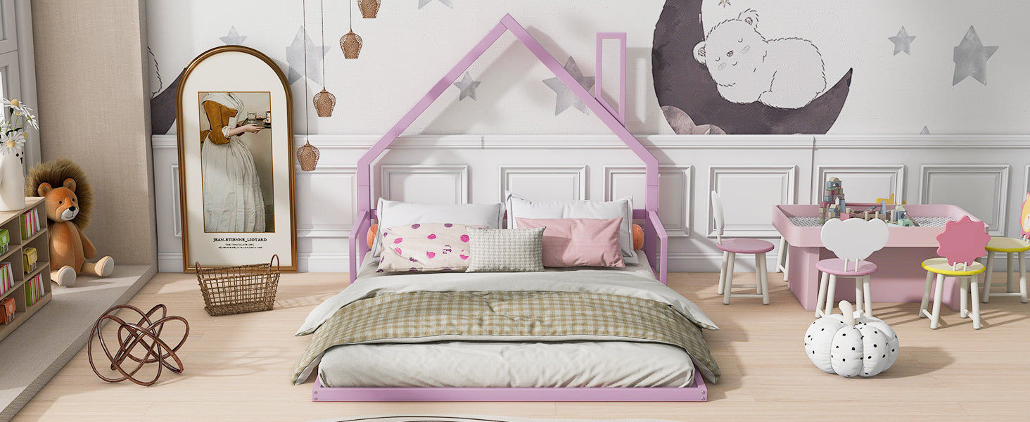 Full Size Metal Floor Bed With House Shaped Headboard, White Box Spring Not Required Full Pink Metal Bedroom Bed Frame Metal