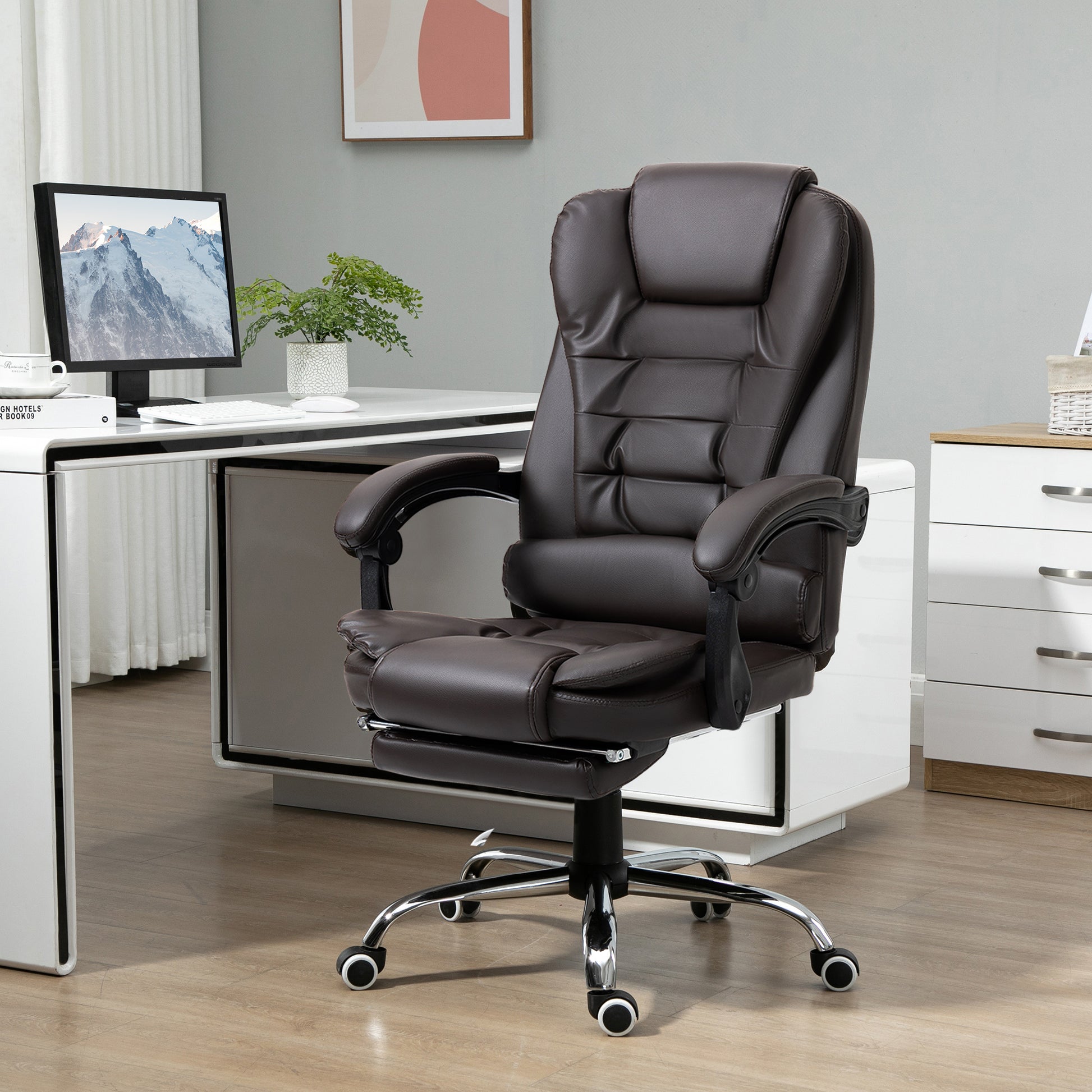 Homcom High Back Ergonomic Executive Office Chair, Pu Leather Computer Chair With Retractable Footrest, Lumbar Support, Padded Headrest And Armrest, Coffee Coffee Pu