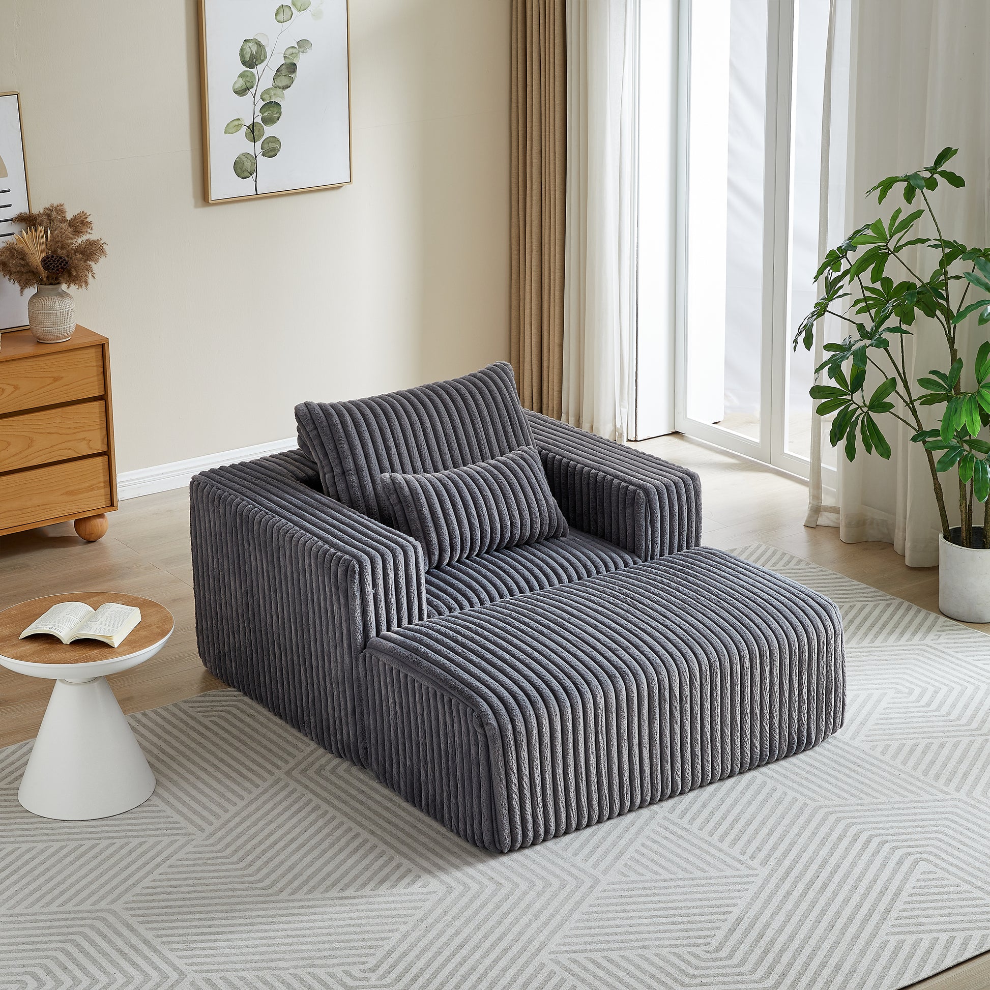 62.5 Inch Corduroy Sponge Sofa Lounge Chair With Removable Footrest,No Assembly Required,Fluffy Modern Sleeper Chair For Indoor Living Room Bedroom Grey Foam Corduroy 1 Seat