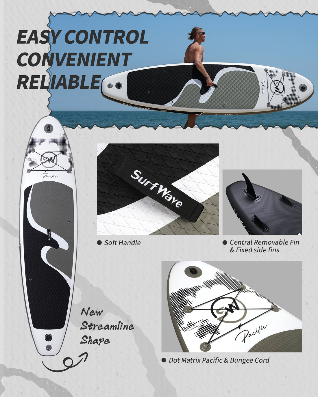 Inflatable Stand Up Paddle Board 11'X34"X6" With Accessories Water Sports Black Grey Anti Slip Garden & Outdoor American Design,Beach Multifunctional Pvc