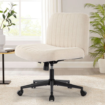 Office Chair With Wheels, Armless Office Chair, Linen Wide Seat Home Office Chair, Cute Computer Chair With 15 Swing Backrest, Suitable For Bedrooms And Dressing Tables Wood Beige Handle Linen