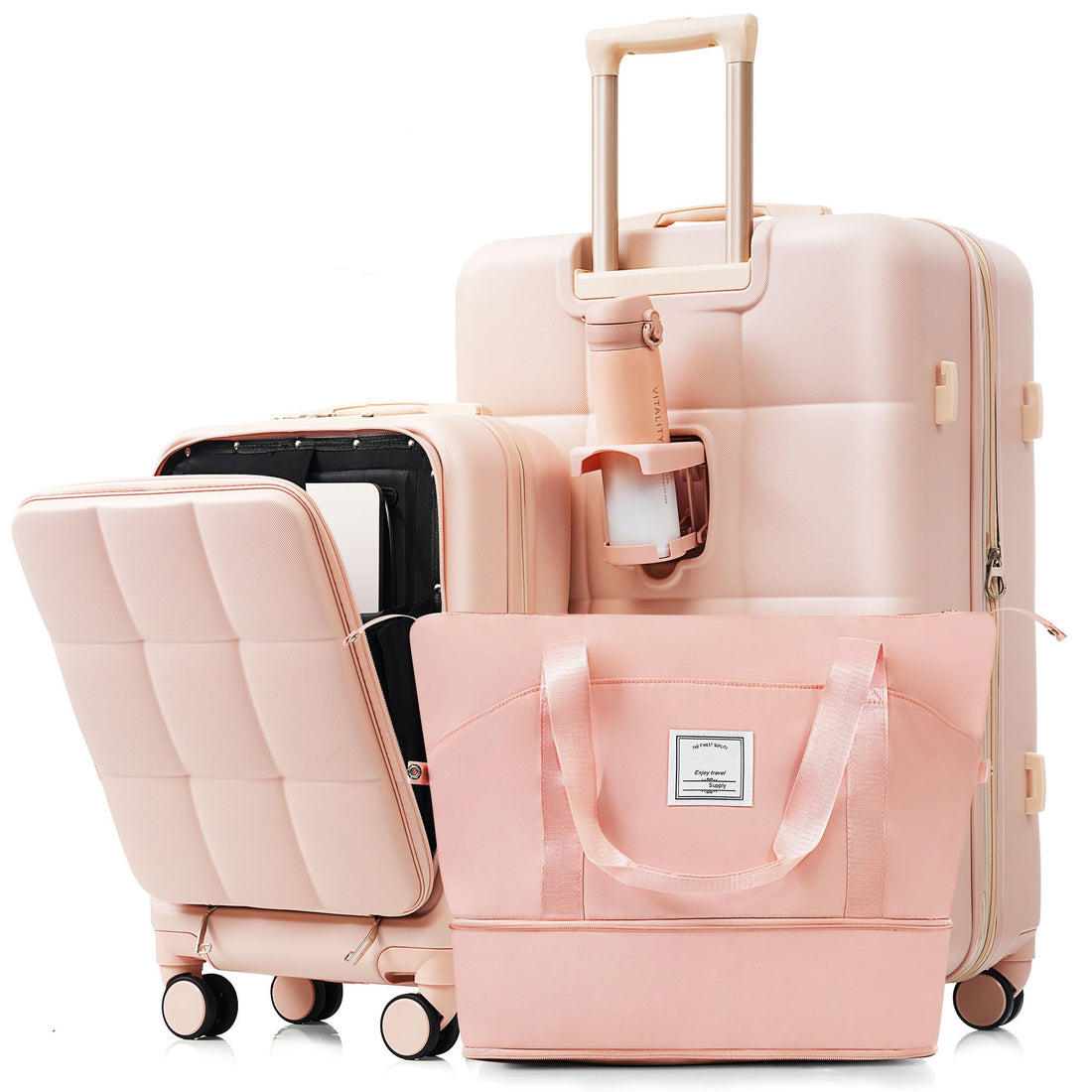 3 Piece Luggage Set With 20" Front Opening Carry On, 28" Expandable Suitcase, And Expandable Travel Bag, Pink Pink Abs