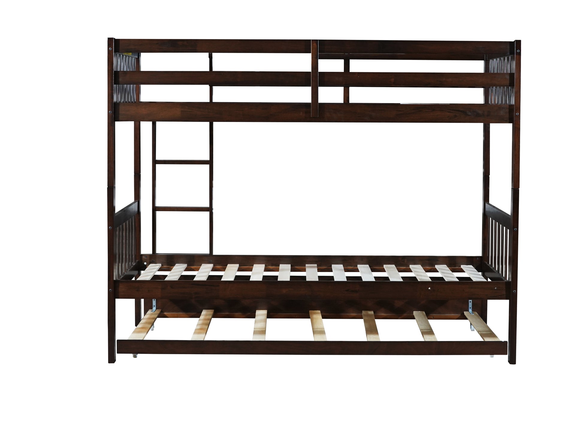 Twin Over Twin Rubber Wood Bunk Bed With Trundle, Convertible Into 2 Twin Size Beds, Twin Size Bunk Bed With Ladder And Safety Guardrails,Espresso Twin Espresso Rubber Wood