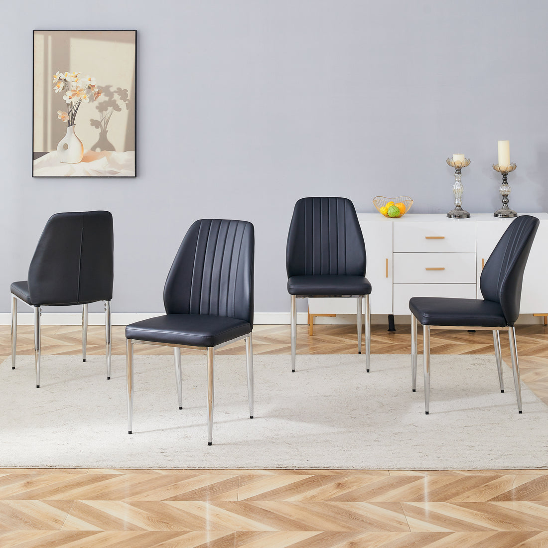 Set Of Four Black Pu Comfort Dining Chairs 17.7"X25" .Dining Chair With Extended Backrest,Black Pu,Silver Metal Legs,Suitable For Various Places Such As Family Restaurants, Hotels, Coffee Shops,Etc.