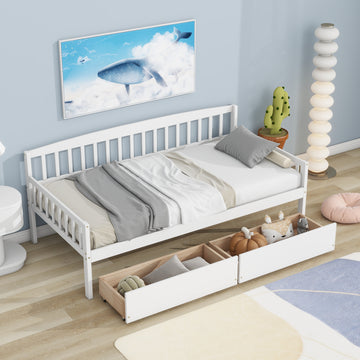 Twin Size Pine Wood Daybed With Two Storage Drawers, Sofa Bed With Bed Platform Of 10 Support Slats,White Twin White Pine