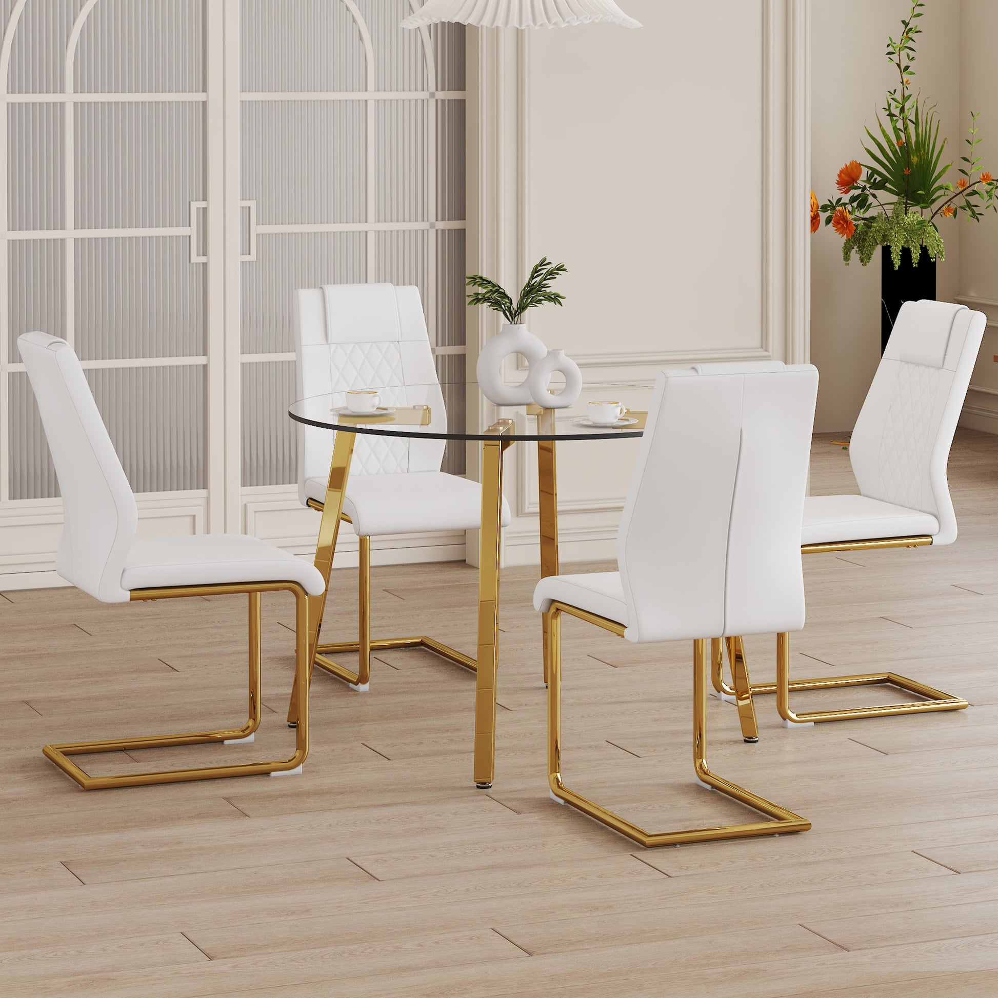 Table And Chair Set.A Modern Minimalist Style Round Clear Tempered Glass Table With Metal Legs.Paried With White Chairs With Modern Pu Leather High Back Upholstered And C Tube Golden Legs. Transparent,White Seats 4 Glass