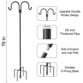 Double Shepherd Hooks For Outdoor, 79 Inch Heavy Duty Bird Feeder Pole For Hanging Bird Feeder, Garden Hooks Plant Baskets, Garden Plant Hanger Stands With 5 Prong Base Black Metal