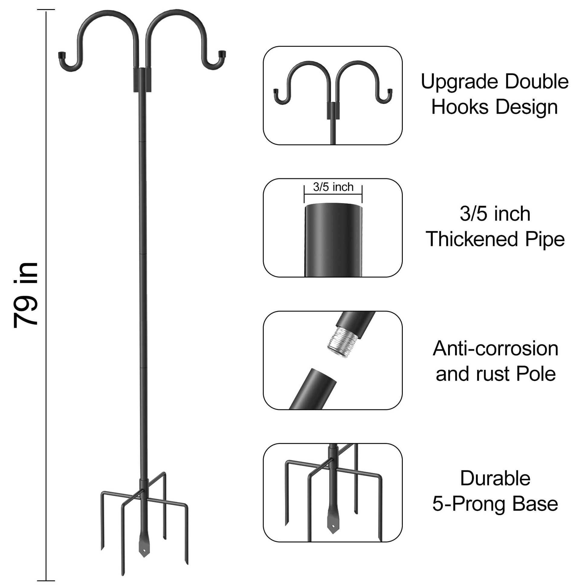 Double Shepherd Hooks For Outdoor, 79 Inch Heavy Duty Bird Feeder Pole For Hanging Bird Feeder, Garden Hooks Plant Baskets, Garden Plant Hanger Stands With 5 Prong Base Black Metal