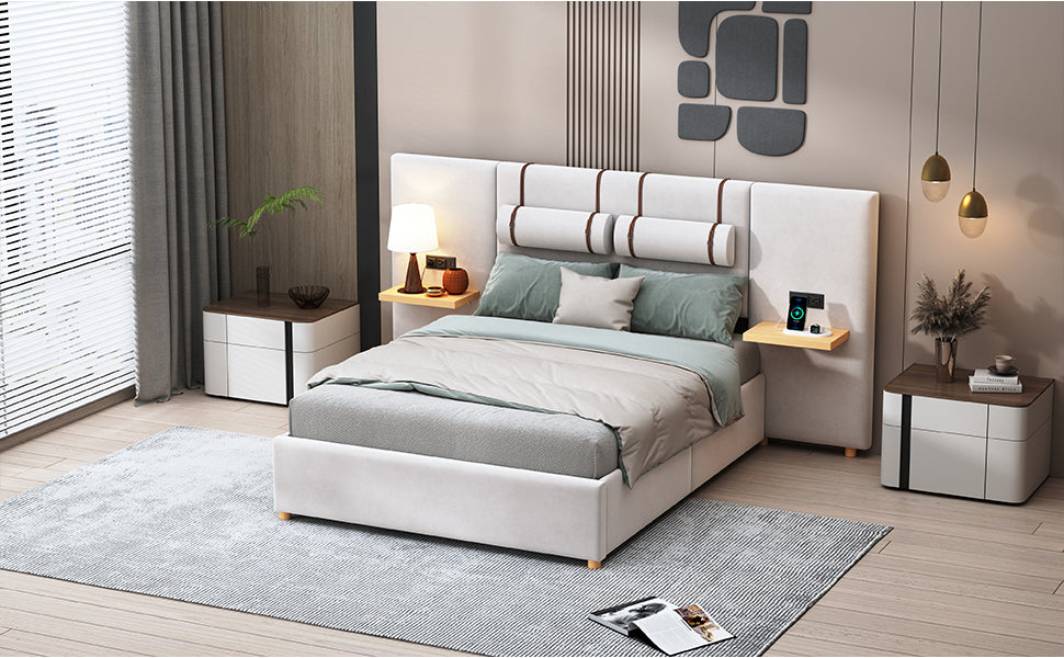 Full Size Upholstered Platform Bed, Two Outlets And Usb Charging Ports On Both Sides, Two Bedside Pillows, Storage Shelves,Velvet,Beige Full Beige Mdf Lvl