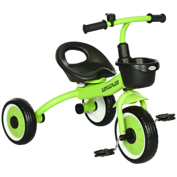 Qaba Kids Tricycle For Toddlers Age 2 5 With Adjustable Seat, Toddler Bike For Children With Basket, Bell, Handlebar Grips, Green Green Metal