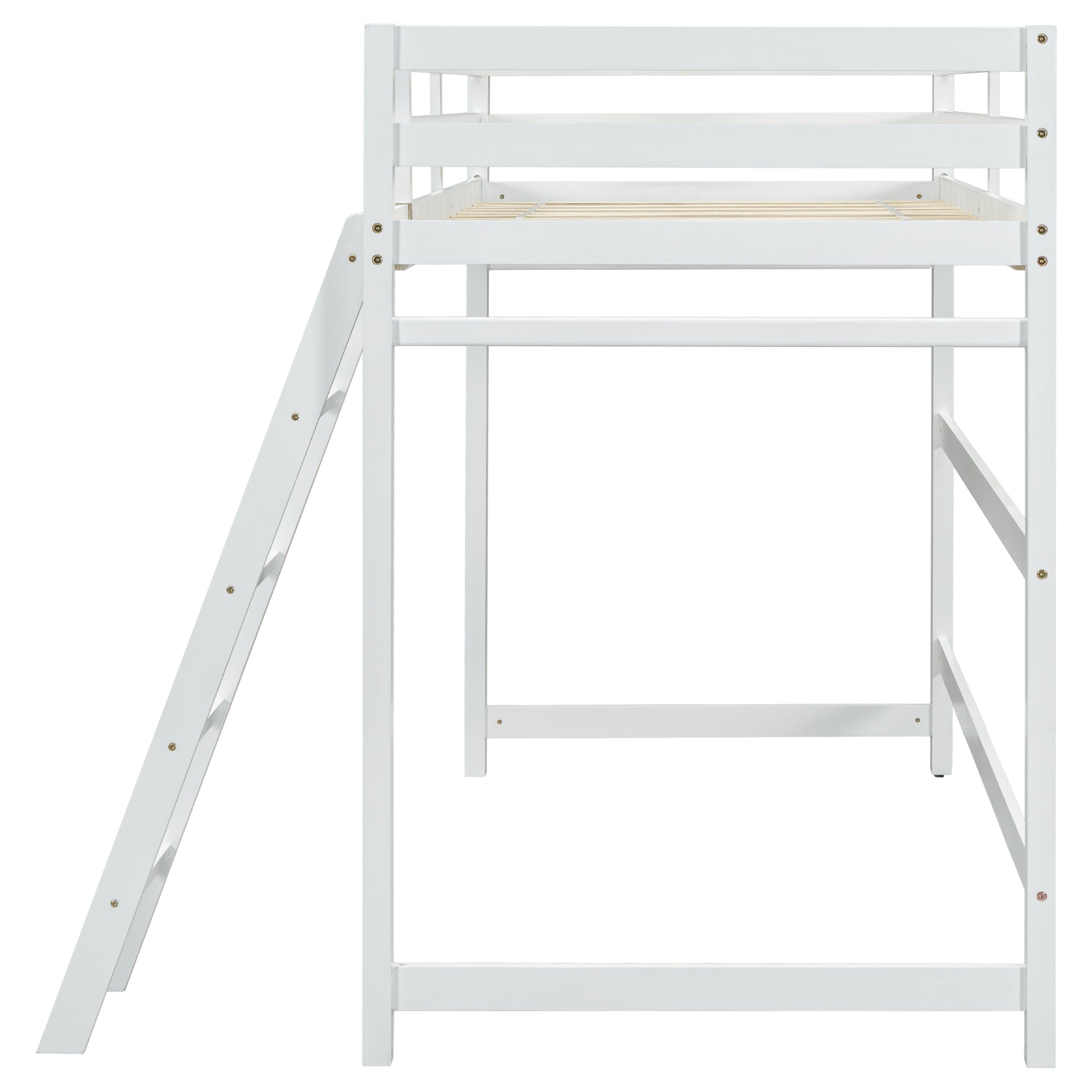 Twin Size High Loft Bed With Inclined Ladder, Guardrails,White Twin White American Design Pine