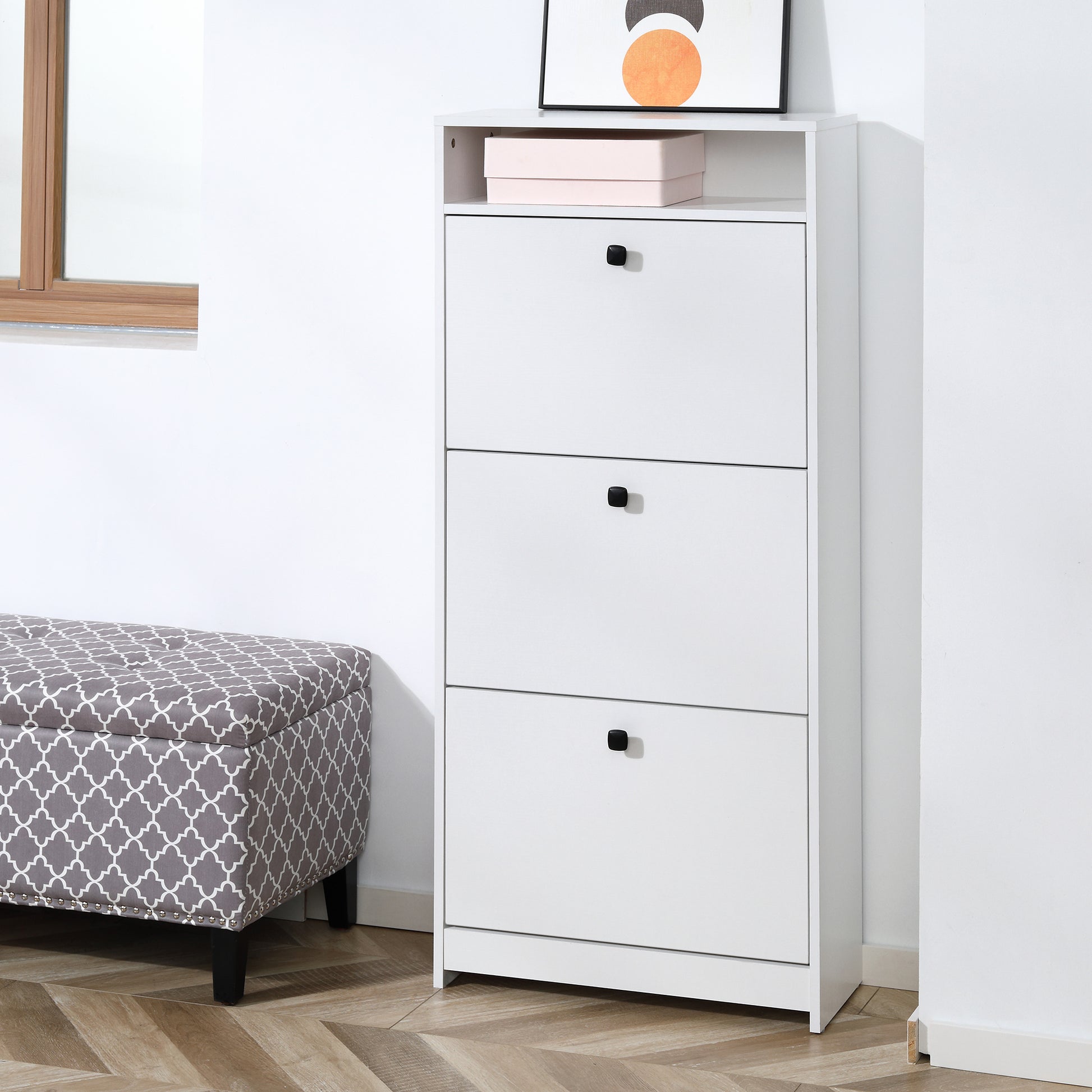 Homcom Slim Shoe Cabinet, Trendy Shoe Storage Cabinet With 3 Large Fold Out Drawers & A Spacious Top Surface For Small Items, White White Particle Board