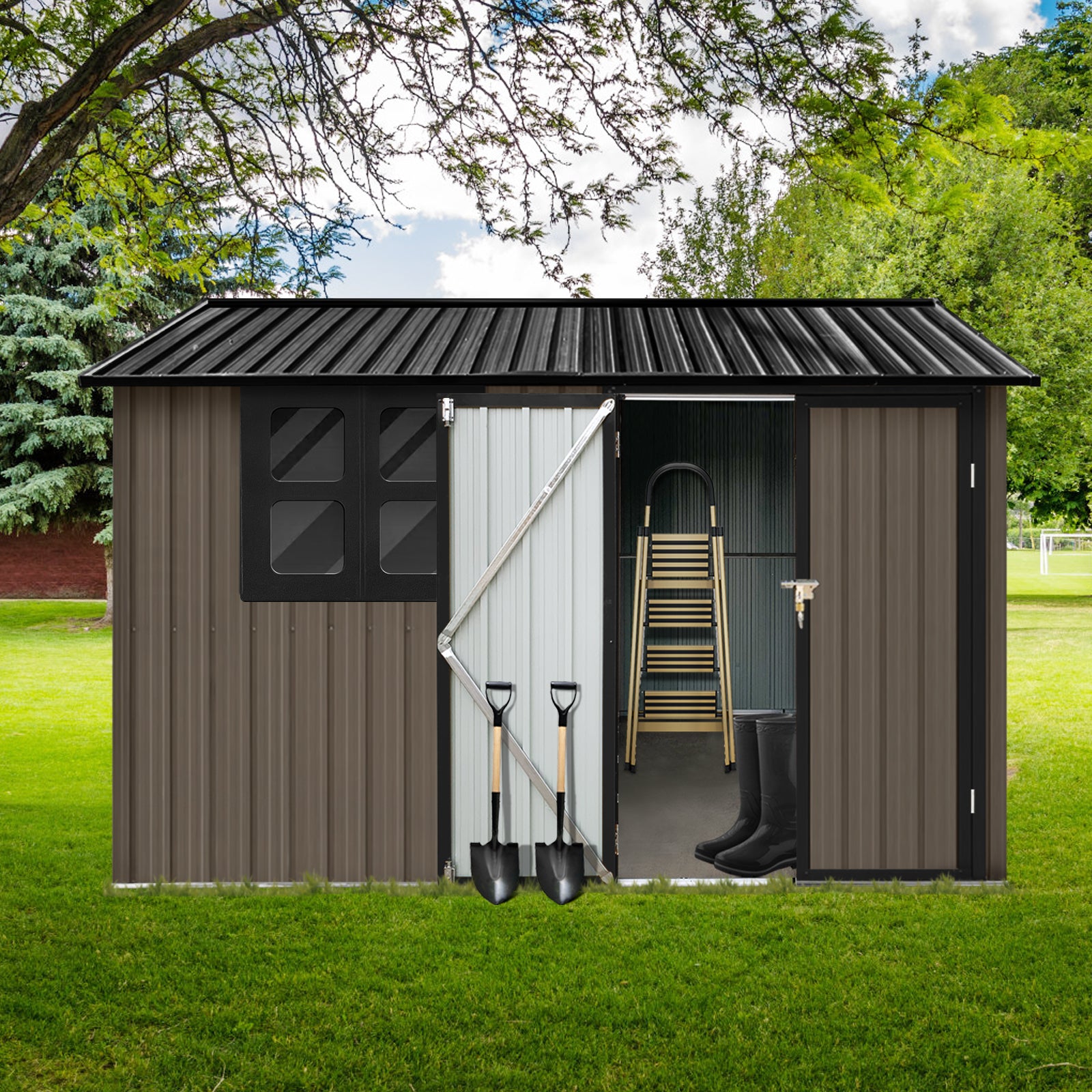 Metal Garden Sheds 6Ftx8Ft Outdoor Brown With Window Brown Metal