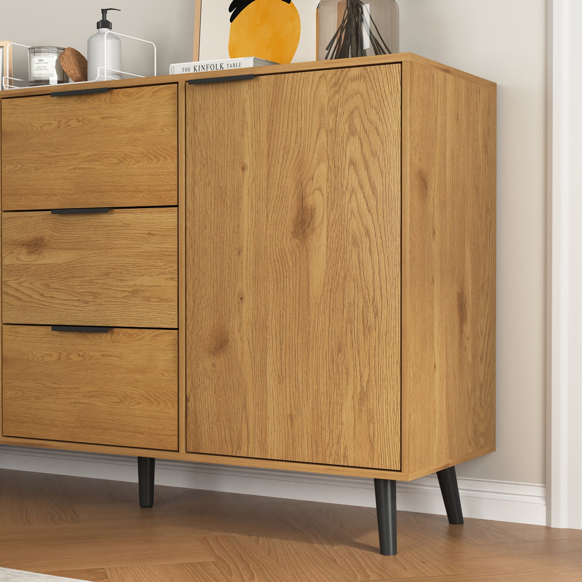 Sideboard Buffet Cabinet With Storage, Wood Coffee Bar Cabinet, 47.2" Kitchen Cabinet With 3 Drawers & 2 Doors, Kitchen Buffet Cabinet Cupboard Natural Wood Color 5 Or More Spaces Natural Particle Board