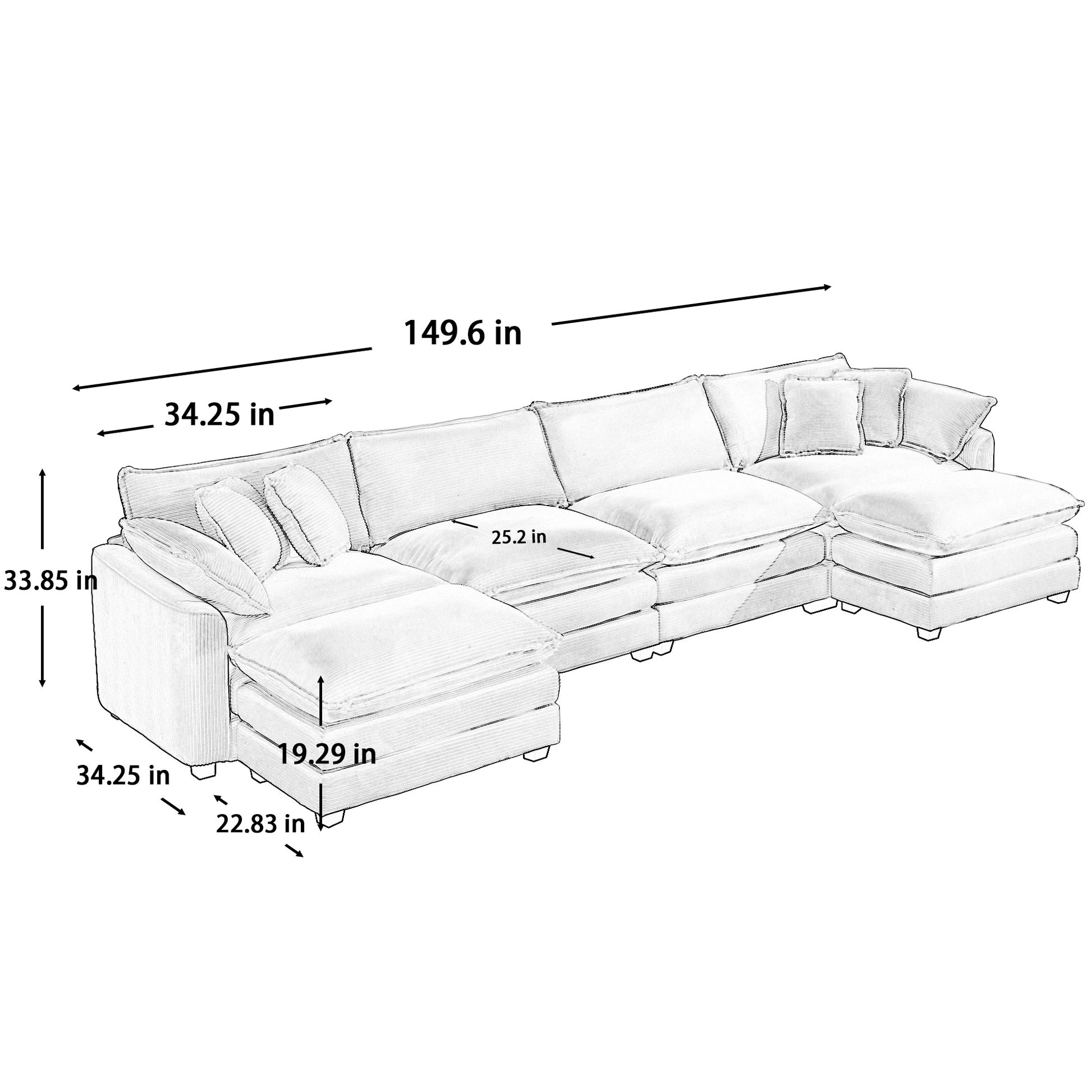 Corduroy Sofamodern Upholstered 4 Seater With 3 Footstools Corduroy Fabric Sofaoffice Living Room Apartment Comfortable Sofa, Easy To Assemble With 2 Arm Pillows And 4 Throw Pillows Grey Corduroy 4 Seat