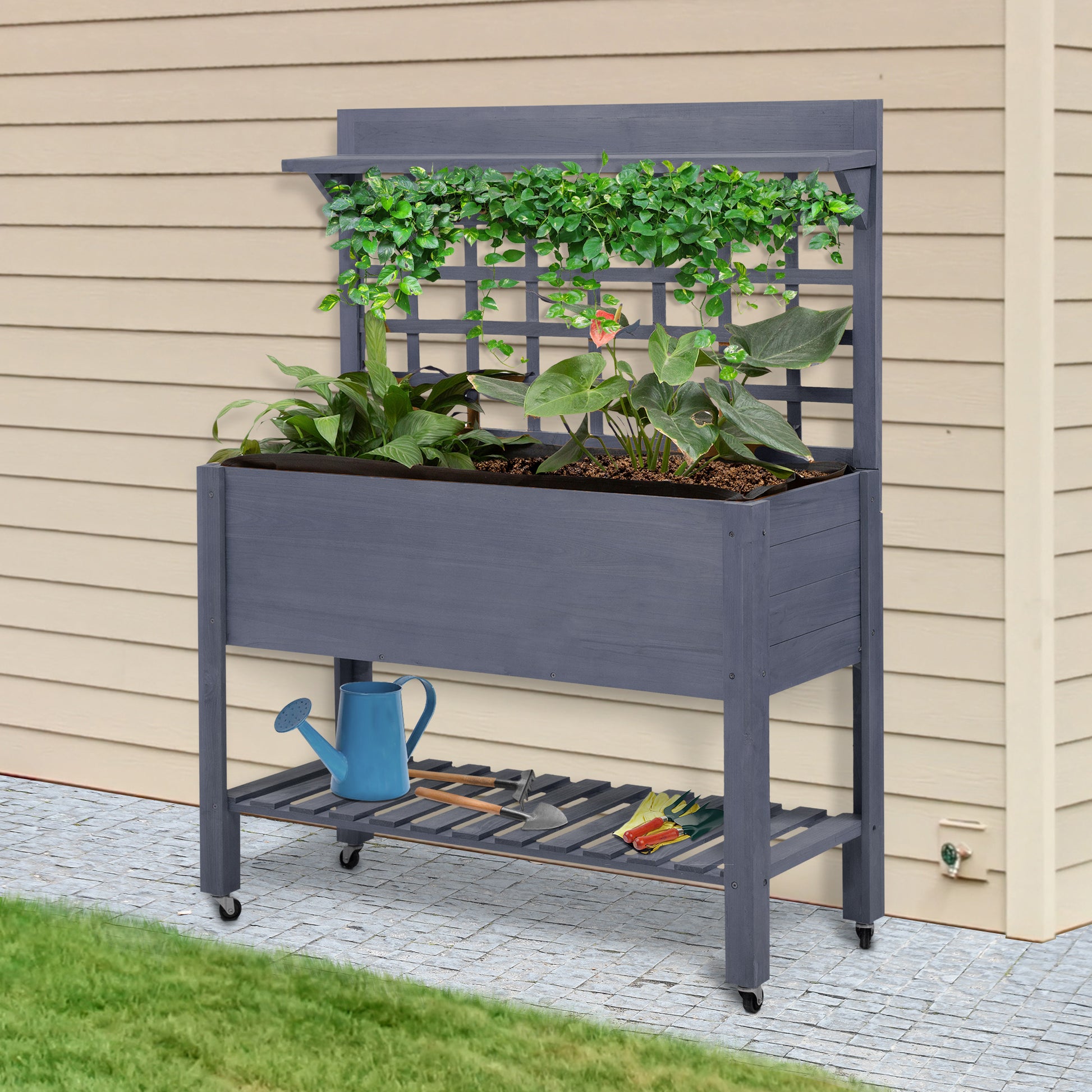 Outsunny 41" Raised Garden Bed With Trellis On Wheels, Wooden Elevated Planter Box With Legs And Bed Liner, For Flowers, Herbs & Vegetables, Gray Gray Wood