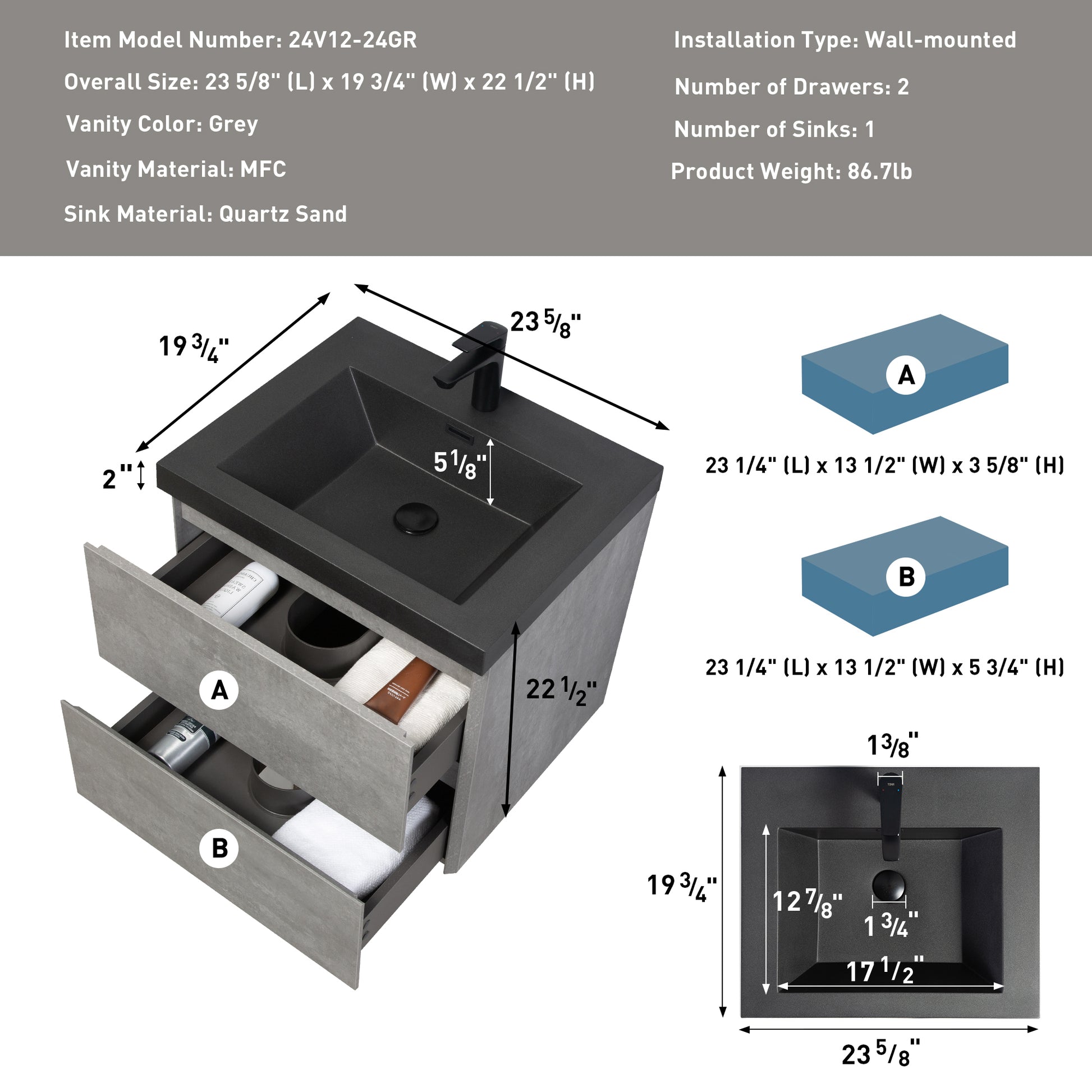 24" Floating Bathroom Vanity With Sink, Modern Wall Mounted Bathroom Storage Vanity Cabinet With Black Quartz Sand Top Basin And Soft Close Drawers, 24V12 24Gr Grey Grey Bathroom Wall Mounted Melamine