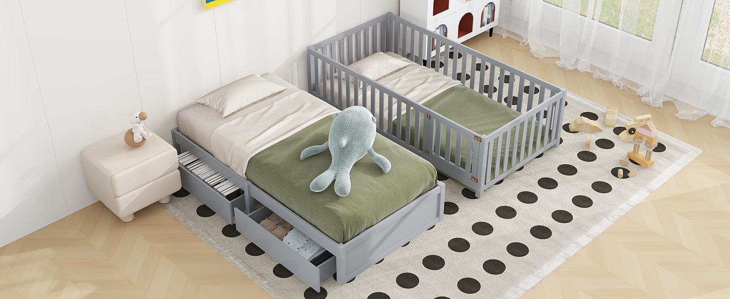 Twin Size Wood Daybed With Fence Guardrails And 2 Drawers, Split Into Independent Floor Bed & Daybed, Gray Old Sku :Lp000881Aae Twin Gray Solid Wood Mdf