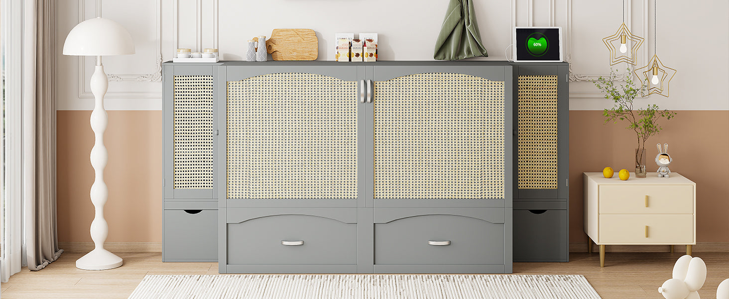 Queen Size Murphy Bed Wall Bed With Drawer And Rattan Decoration With 2 Storage Cabinets, One Set Of Sockets & Usb Ports, Pulley Structure Design, Gray Queen Gray Plywood