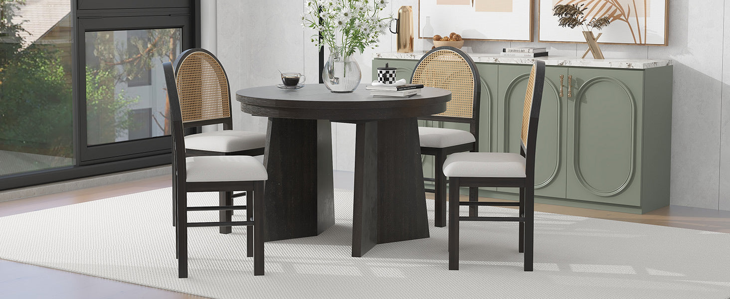 5 Piece Retro Functional Dining Set With 1 Extendable Dining Table And 4 Upholstered Chairs With Rattan Backrests For Dining Room And Kitchen Espresso Espresso Solid Wood Mdf