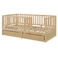 Twin Size Wood Daybed With Fence Guardrails And 2 Drawers, Split Into Independent Floor Bed & Daybed, Natural Old Sku :Lp000881Aan Twin Natural Solid Wood Mdf