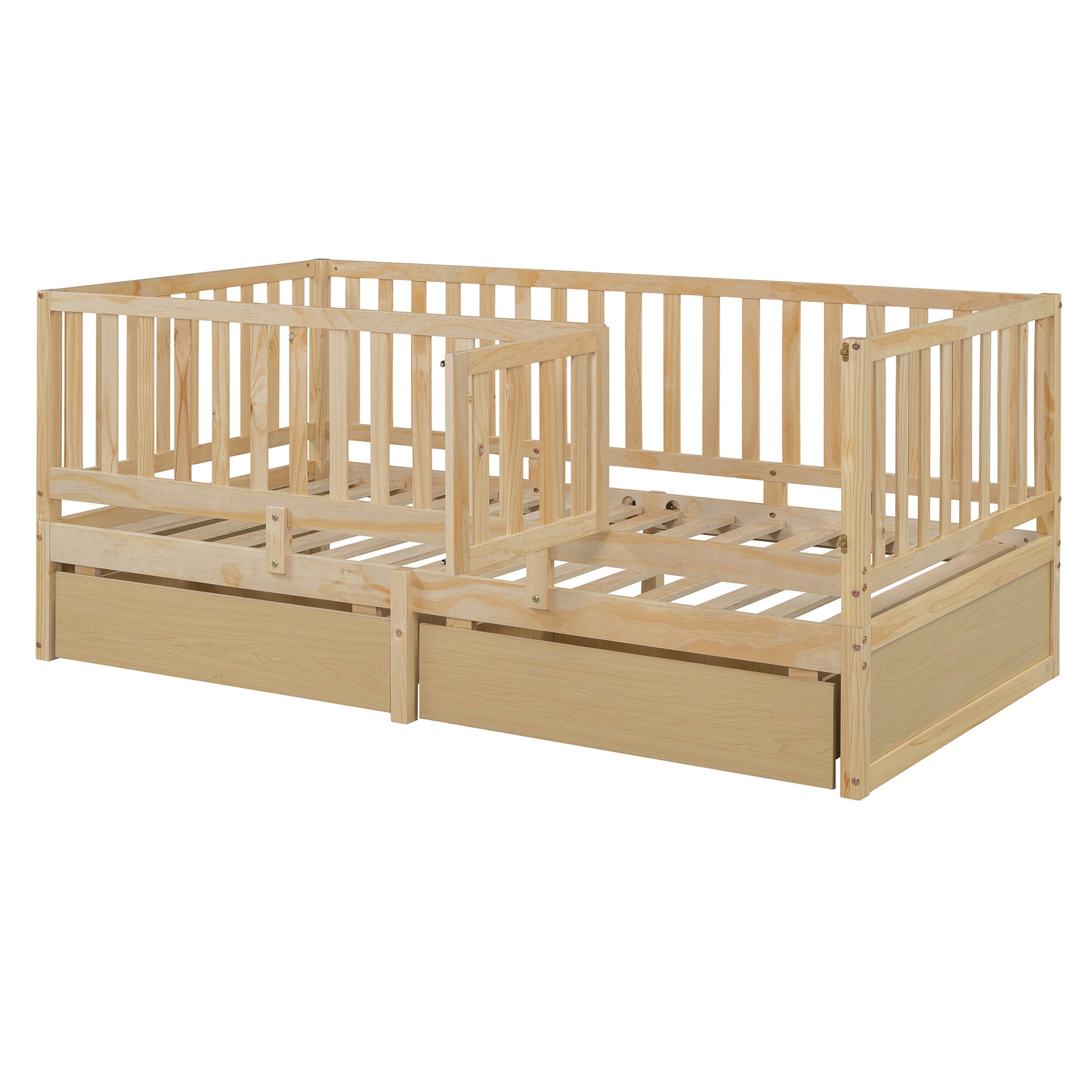 Twin Size Wood Daybed With Fence Guardrails And 2 Drawers, Split Into Independent Floor Bed & Daybed, Natural Old Sku :Lp000881Aan Twin Natural Solid Wood Mdf