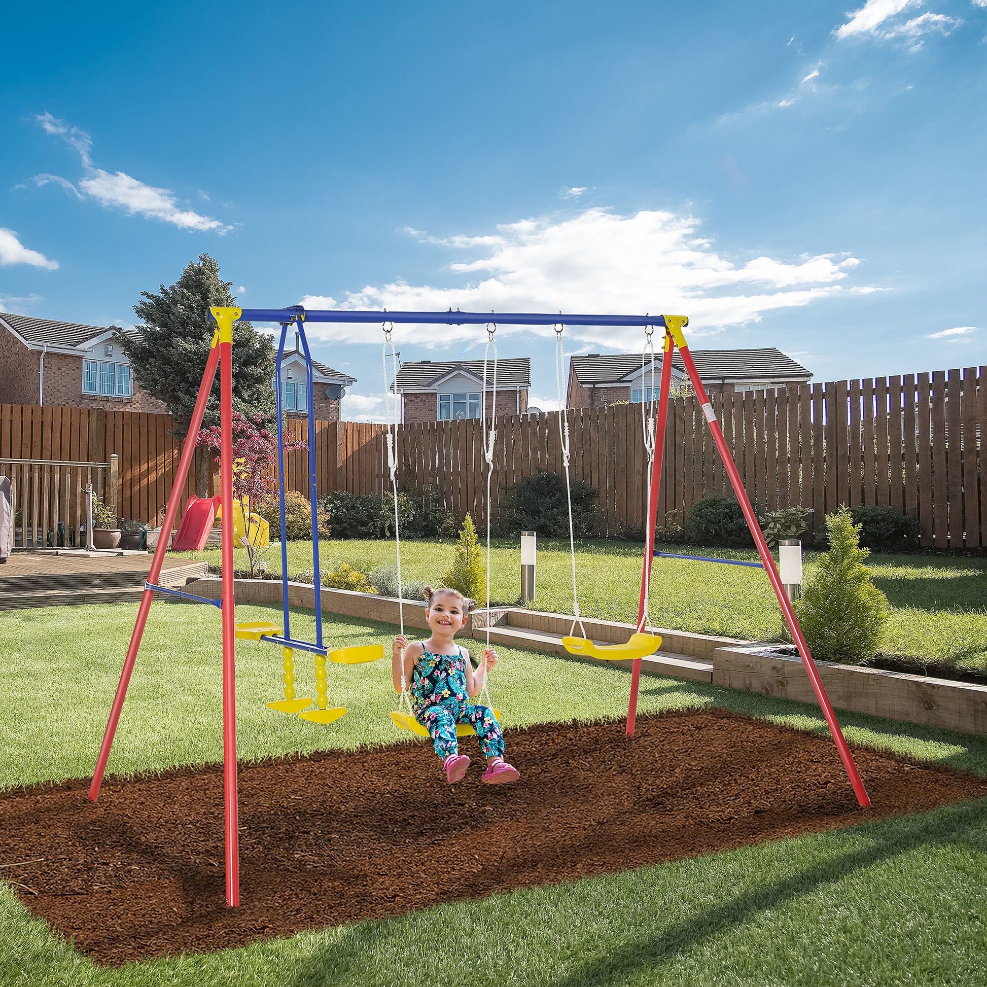 Outsunny Metal Swing Set With Glider, Two Swing Seats And Adjustable Height, Outdoor Heavy Duty A Frame Suitable For Playground, Backyard, Multi Color Multicolor Metal