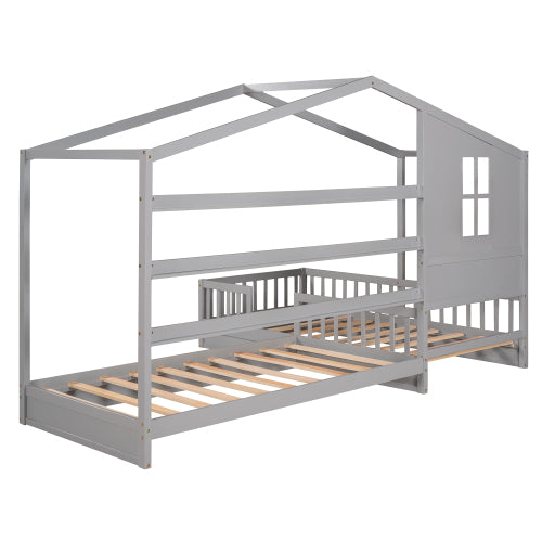 Wood House Bed Twin Size, 2 Twin Solid Bed L Structure With Fence And Slatted Frame, Gray Twin Gray Plywood