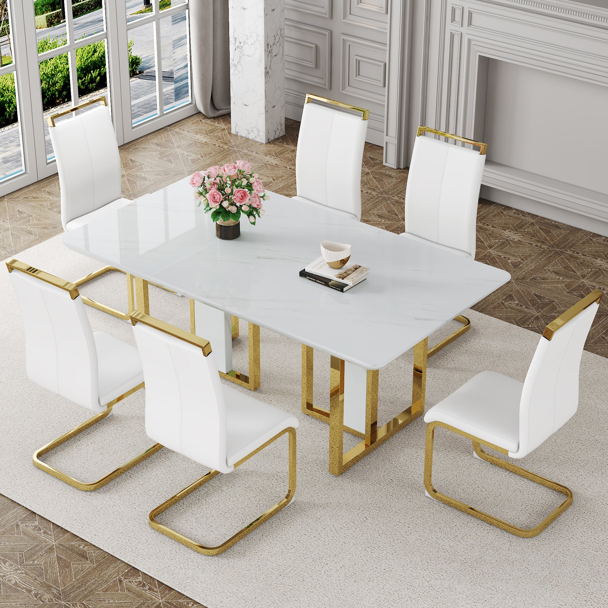 Table And Chair Set.67"X36" White Marble Pattern Mdf Dining Table Set With 6 White Pu Chairs.Mdf Sticker,White Marble Pattern Sticker,Gold C Tube Chair Legs,Suitable For Kitchen,Dining Room,Etc.