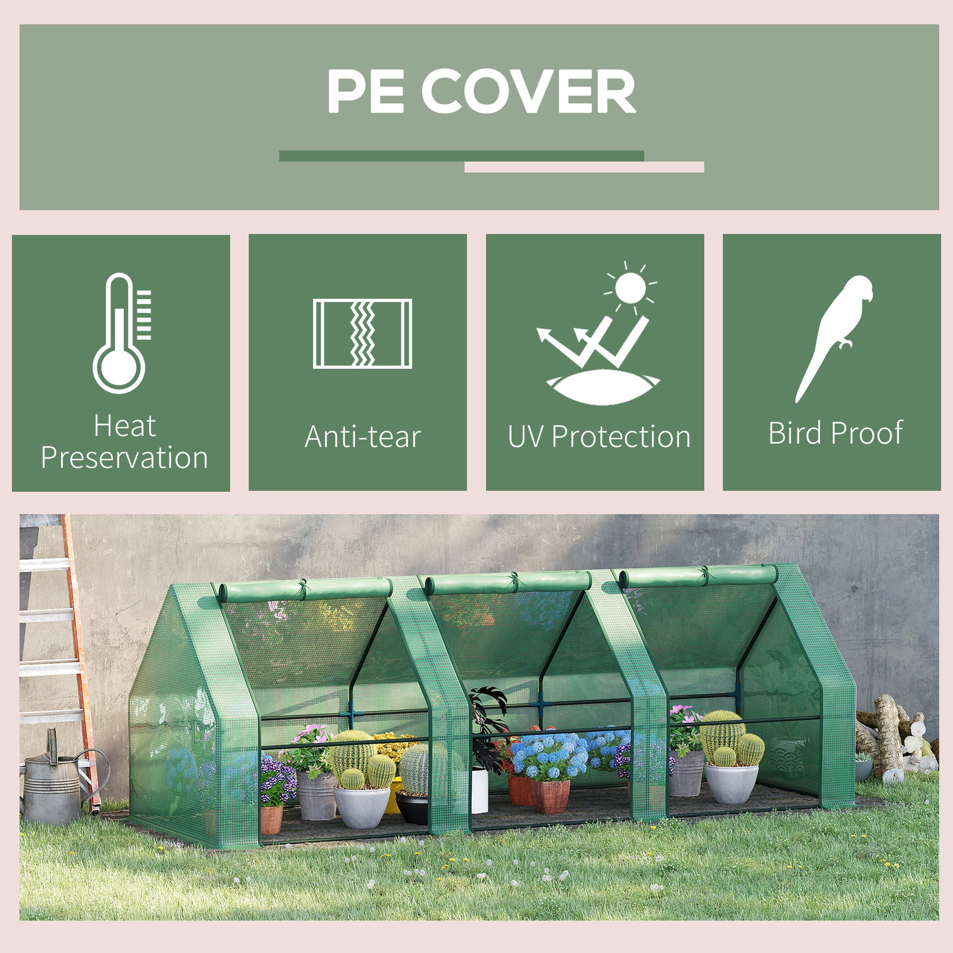 Outsunny 9' X 3' X 3' Portable Mini Greenhouse Outdoor Garden With Large Zipper Doors And Water Uv Pe Cover, Green Green Steel