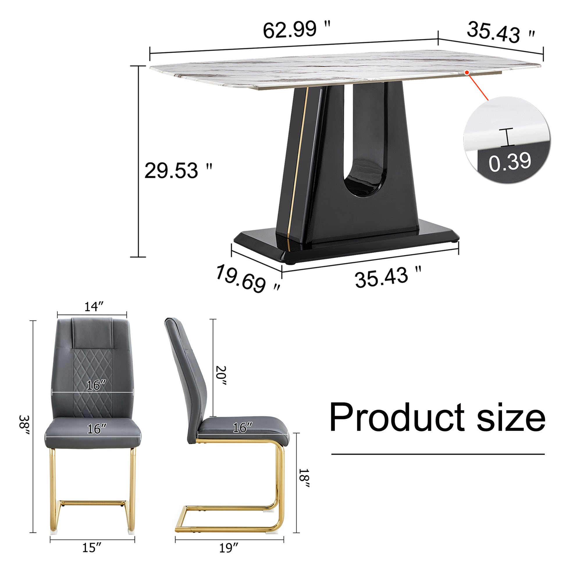 Table And Chair Set, Modern And Minimalist Dining Table, Imitation Marble Patterned Tabletop, Mdf Legs With U Shaped Brackets. Paired With Comfortable Chairs, Suitable For Dining And Living Rooms. Grey Black Mdf Glass