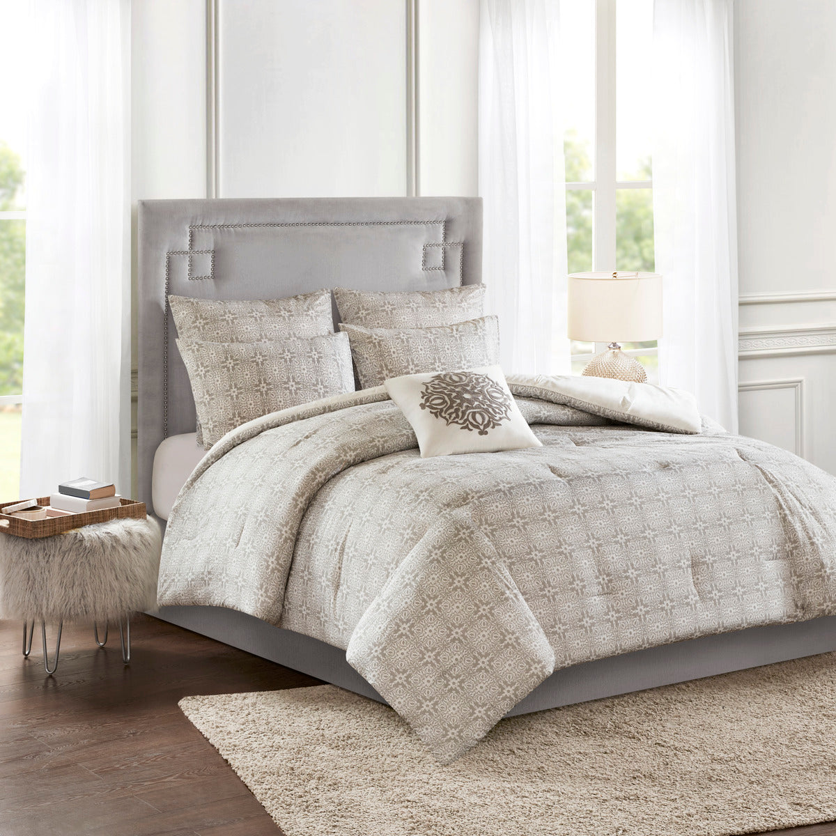 6 Piece Embroidered Cotton Reversible Comforter Set Ivory King Cal King King Ivory Polyester