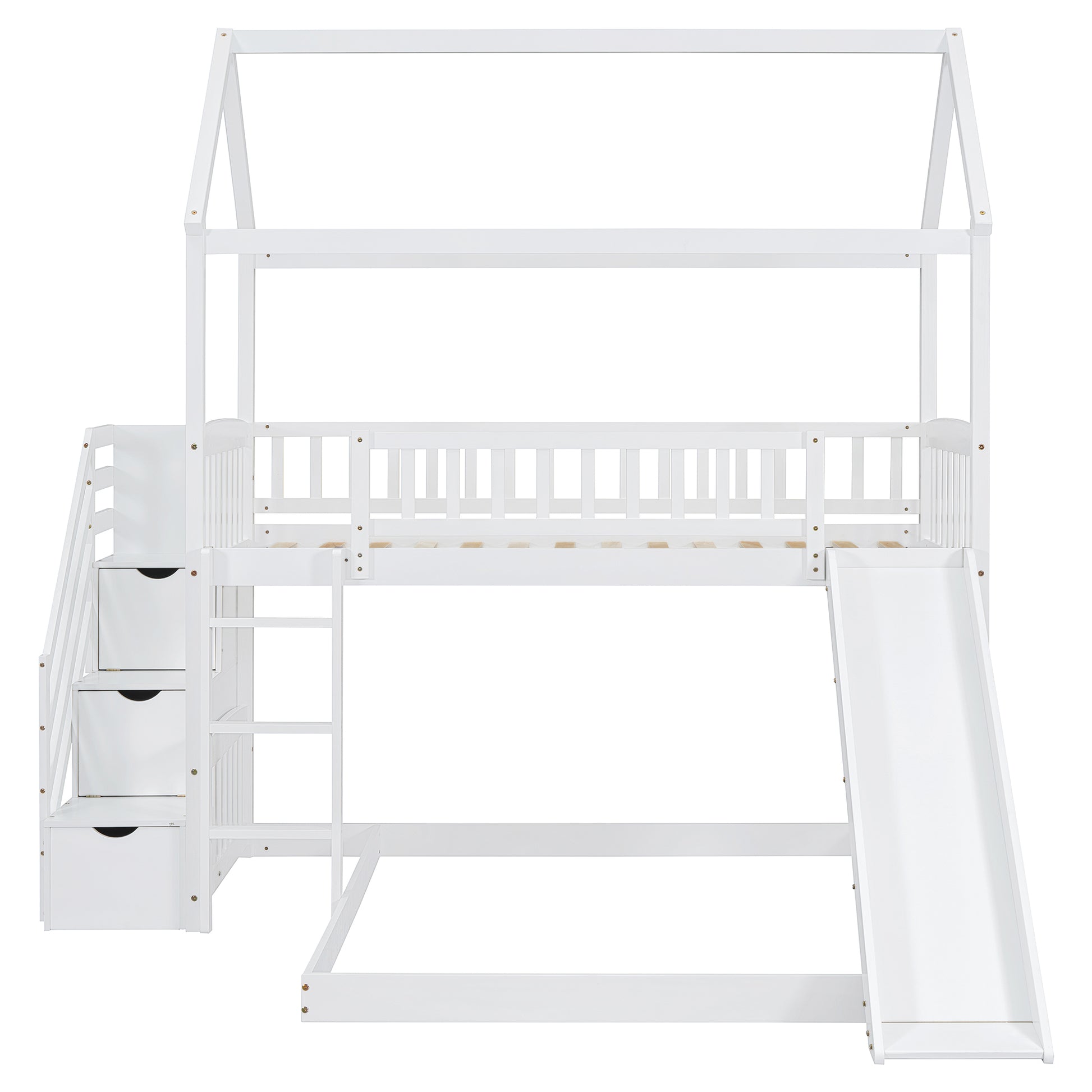 Twin Over Twin Bunk Bed With Two Drawers And Slide, House Bed With Slide, White Old Sku :Lt000129Aak White Pine