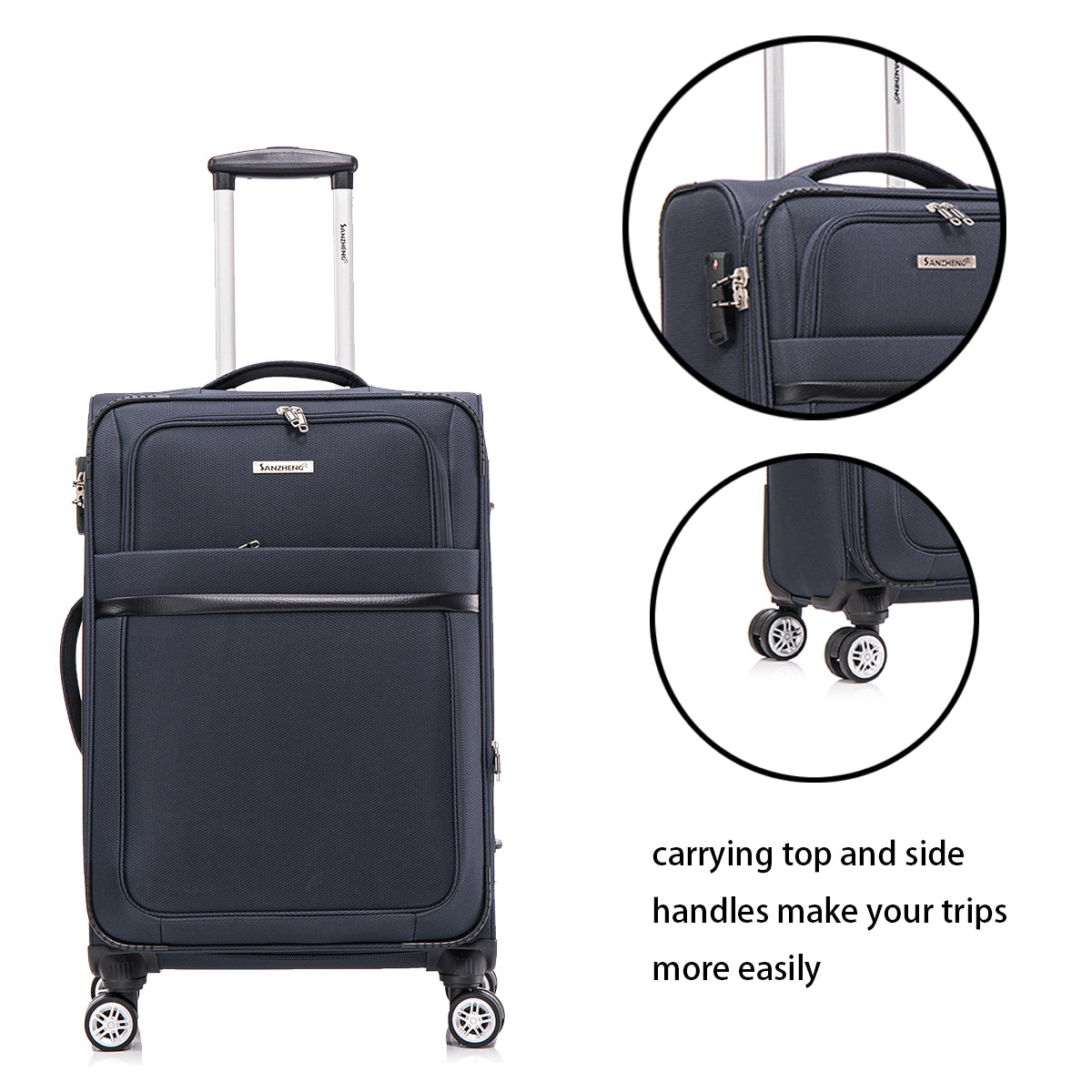 3 Piece Fabric Soft Luggage Set With Swivel Wheels And Password Lock, Dark Blue, 20 26 30 Inches Dark Blue Fabric