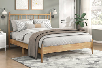 Mid Century Modern Design Full Platform Bed 1Pc Natural Finish Wooden Bedroom Furniture Vertical Slats Headboard, Bed In A Box Box Spring Not Required Full Natural Wood Bedroom Mid Century Modern Slat Beds Wood