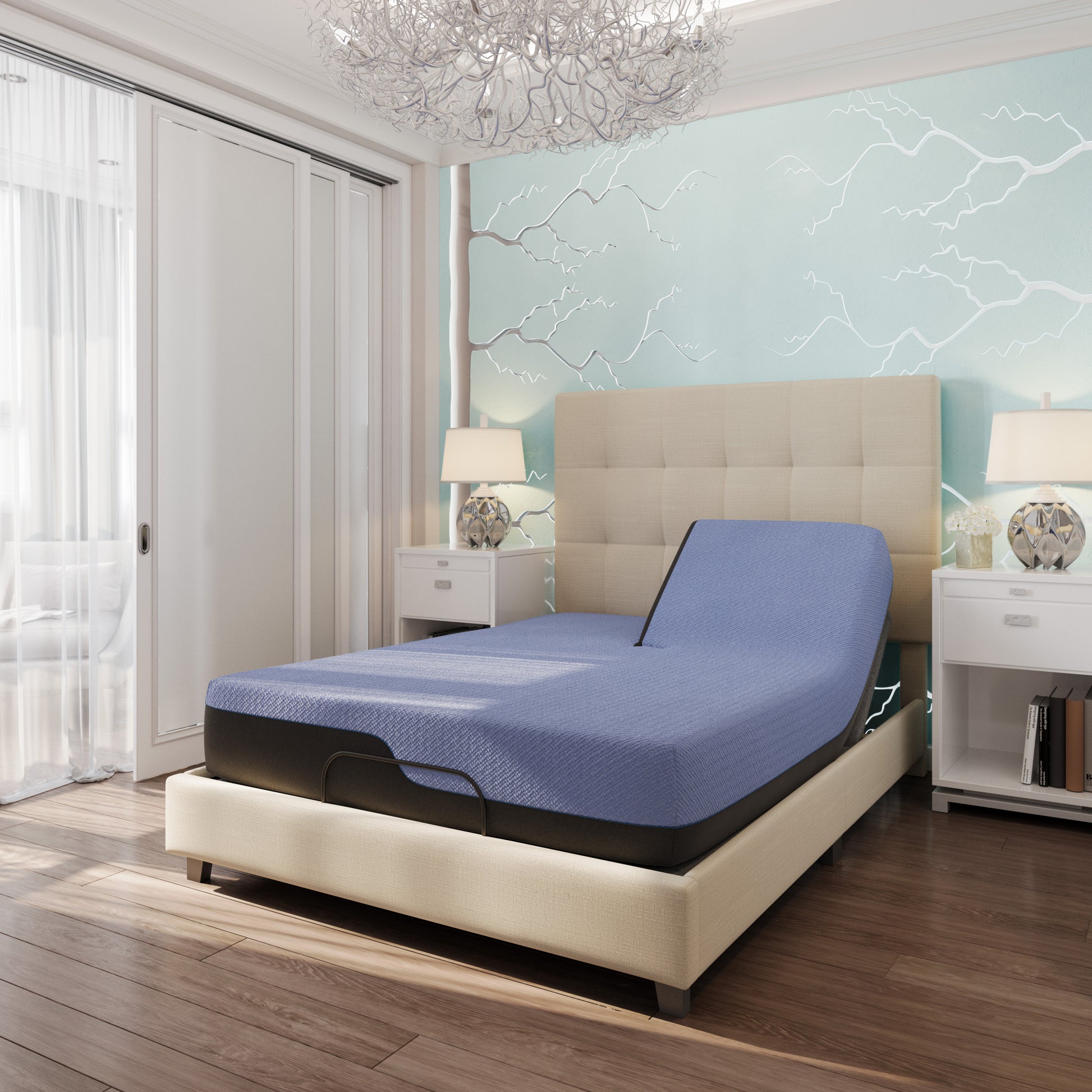 12 Inch Refresh Flex Head Memory Foam Hybrid Mattress And Adjustable Base Bundle, King Size King Blue Foam Foam Spring