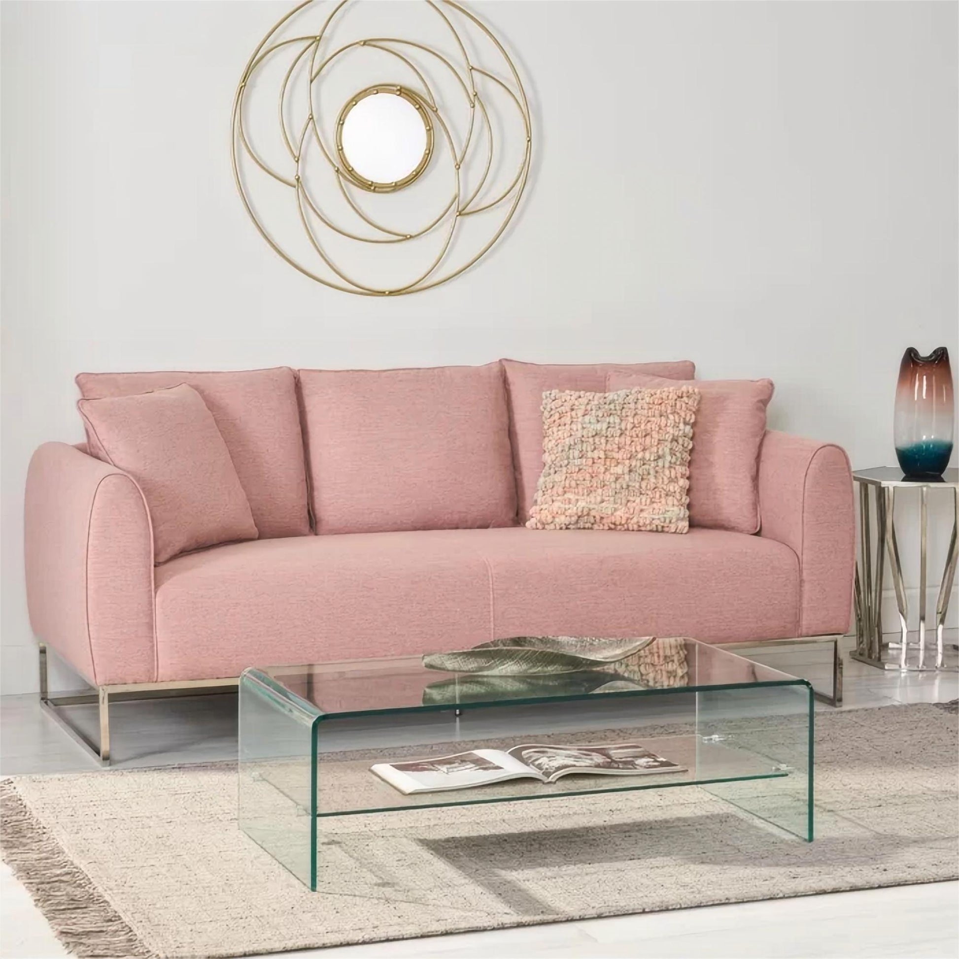 Chic And Cozy 82.75" Light Pink Fabric 2 Seater Sofa With Silver Legs And Soft Upholstery, Extra Deep Seats, For Small Space, Living Room, Office Apartment Light Pink, Fabric Pink Wood Primary Living Space Medium Soft Cushion Back Light Duty Art