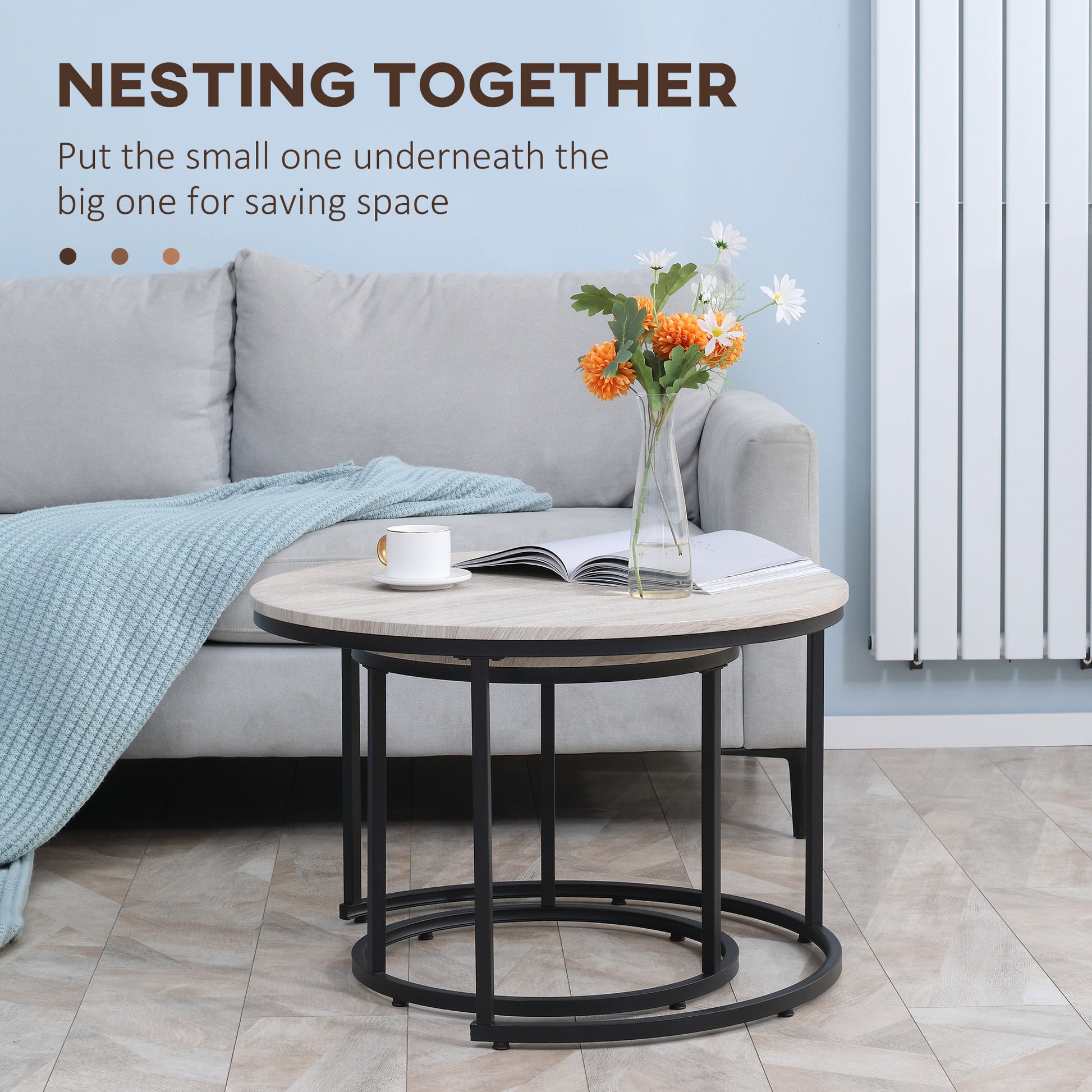 Homcom Round Nesting Tables Set Of 2, Stacking Coffee Table Set With Metal Frame For Living Room, Grey Grey Mdf