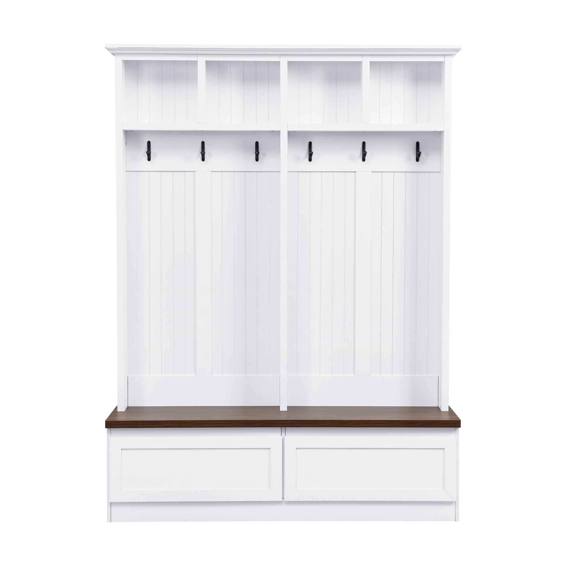 Farmhouse 4 In 1 Hall Tree With Wood Grain Bench, Mudroom Versatile Coat Rack With 2 Large Drawers, Large Entrance Organizer With 6 Black Hooks For Hallway, Living Room, White, 55.9"Wx75.6"H White