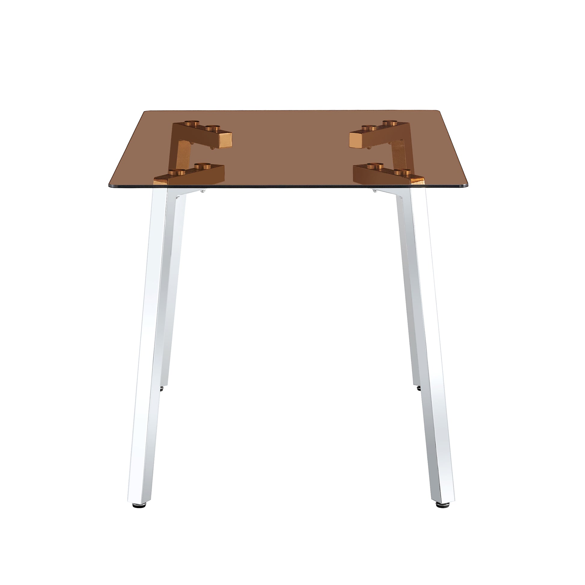 1 Table And 4 Chairs, Brown Tempered Glass Tabletop And Silver Metal Legs, Modern Minimalist Style Rectangular Glass Dining Table, Paired With 4 Modern Silver Metal Leg Chairs. 1123C 1162 Brown Seats 4 Glass