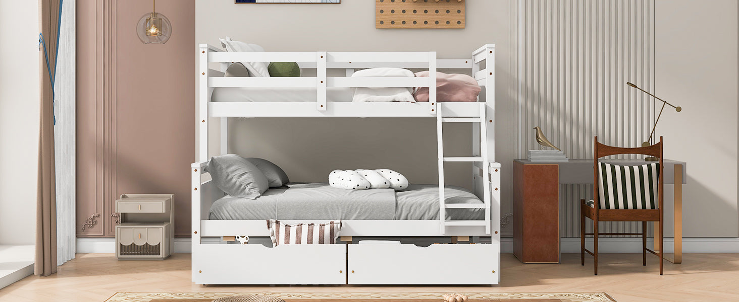 Twin Over Full Bunk Bed With Ladder, Two Storage Drawers, Safety Guardrail, White Box Spring Not Required Twin White Wood Bedroom Bed Frame Pine