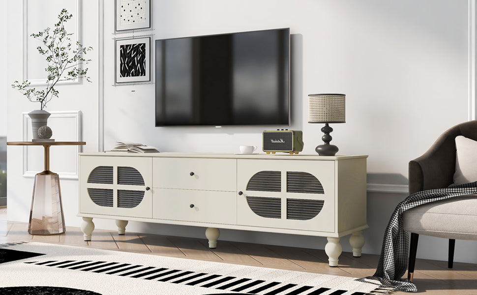 68.9'' Modern Tv Stand For Tvs Up To 75 Inches, Entertainment Center Media Console With Fluted Glass Doors, Five Solid Wood Legs For Living Room Antique White 70 79 Inches Mdf