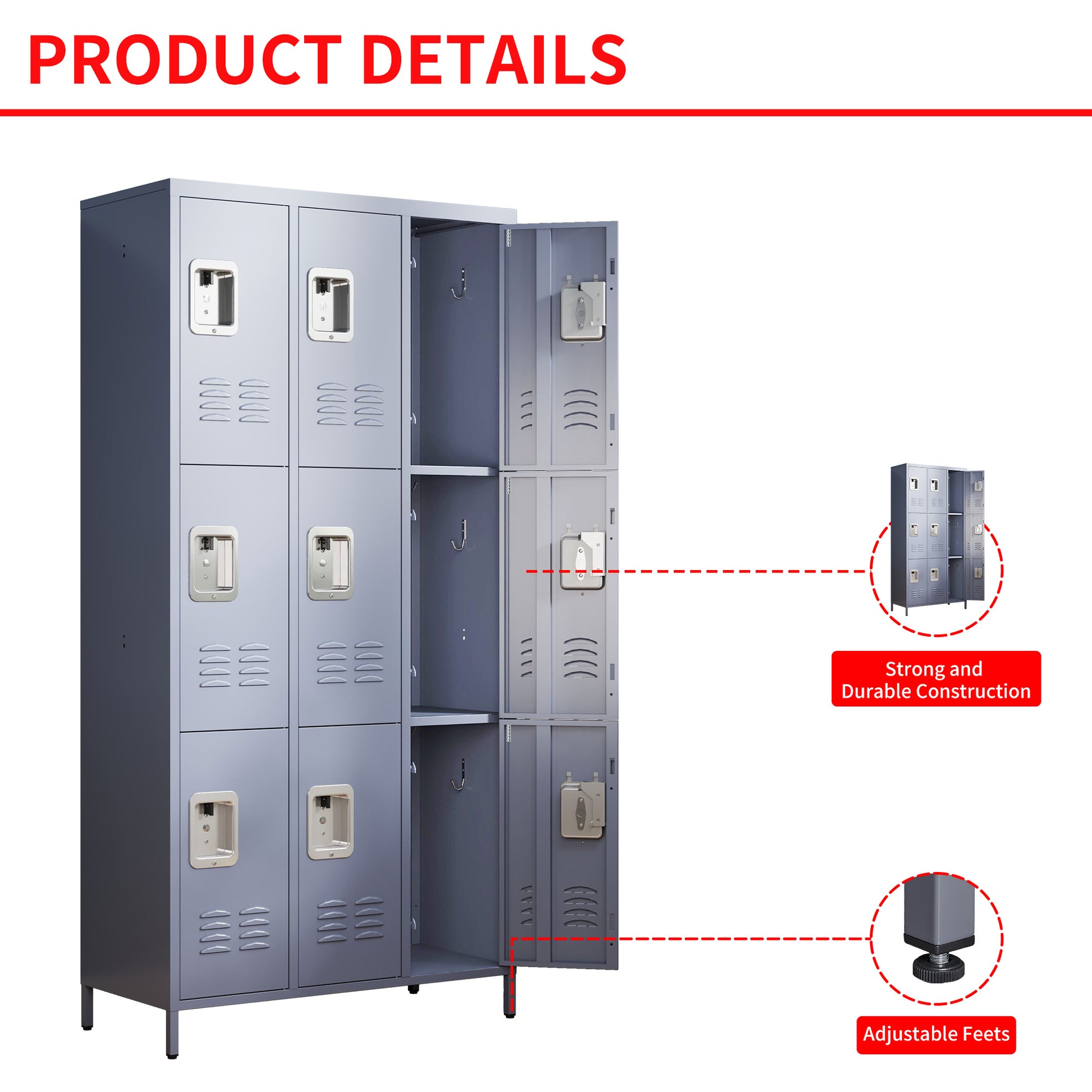 9 Door 72"H Metal Lockers With Lock For Employees,School,Office,Gym,Bedroom,Storage Locker Cabinet,Gray,Assembly Required Gray Gym Modern Metal Metal