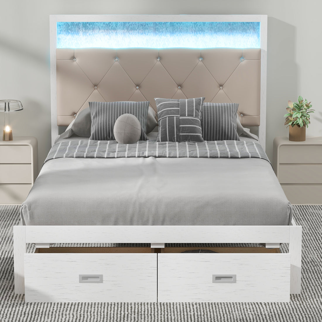 Wood Full Size Platform Bed With Upholstered Headboard And Led And 2 Drawers, Antique White Box Spring Not Required Full Antique White Wood Bed Frame Solid Wood Mdf