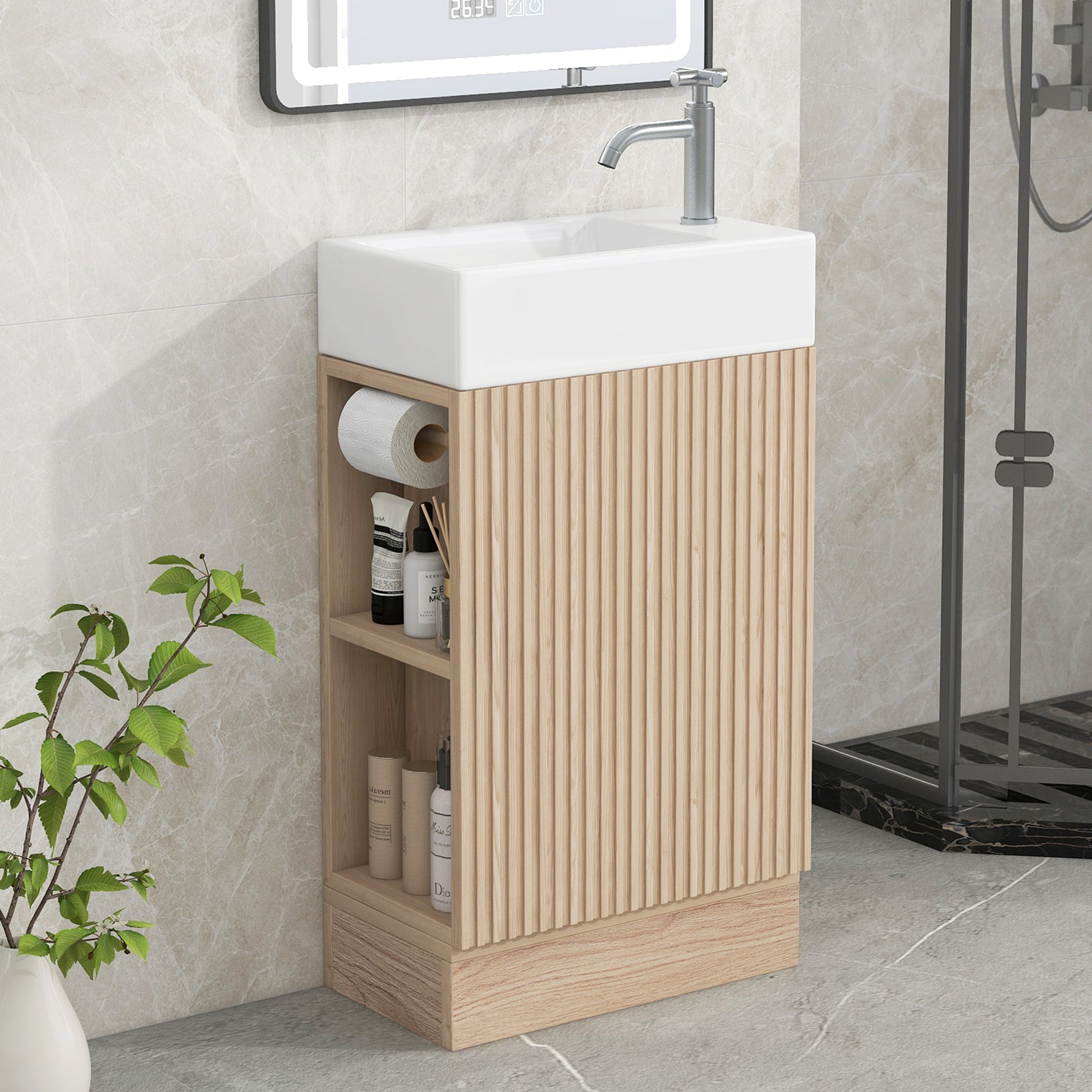 18.6" Bathroom Vanity With Sink, Bathroom Vanity Cabinet With Two Tier Shelf, Left Or Right Orientation, Natural Natural Mdf