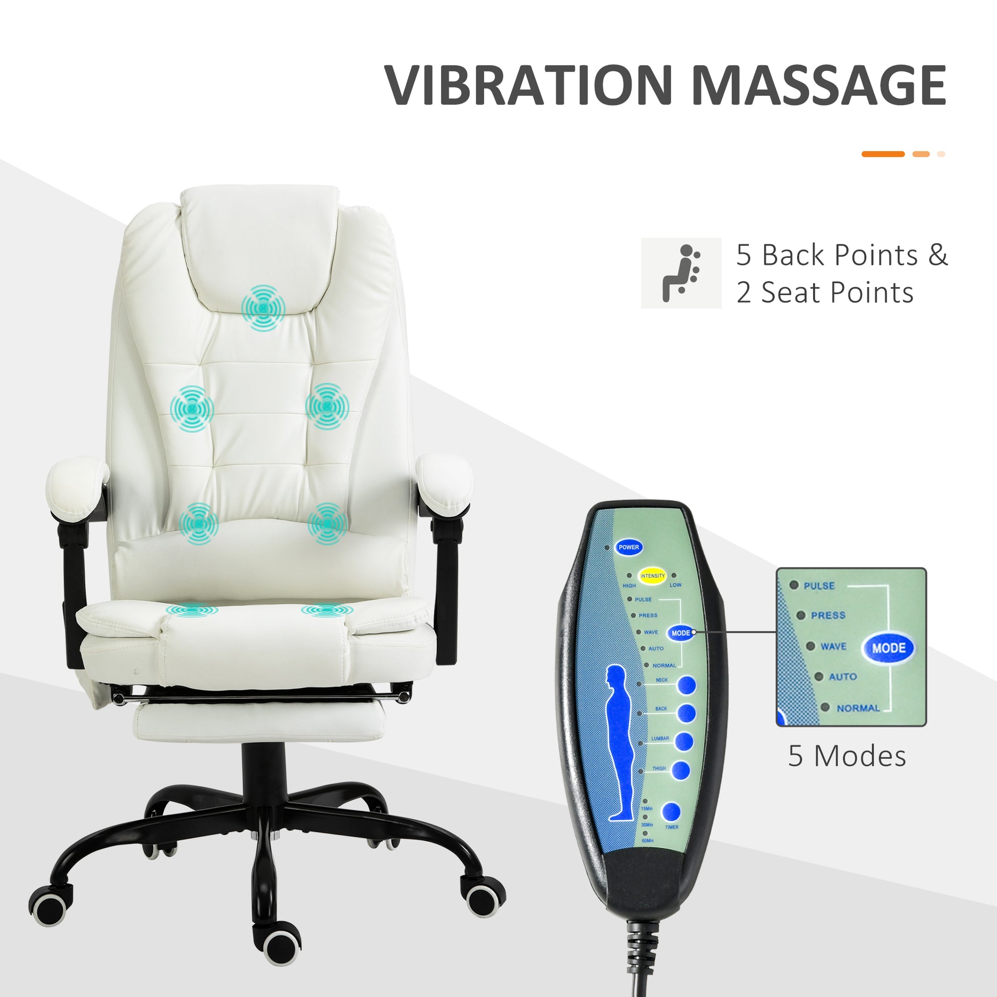 Vinsetto 7 Point Vibrating Massage Office Chair, High Back, White White Faux Leather