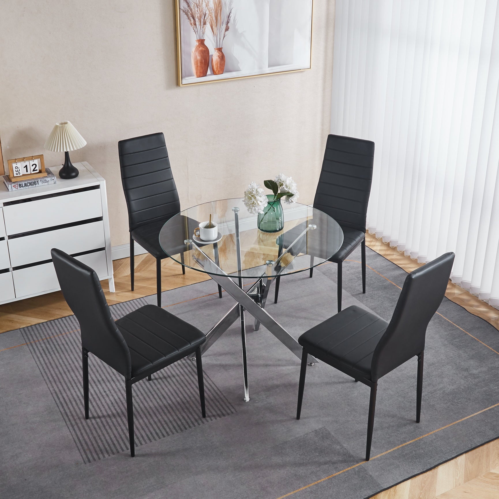 Dining Table With Cross Metal Leg And Tempered Glass,Modern Space Saving Kitchen Table For Living Room,Chrome Legs Chrome Glass Metal