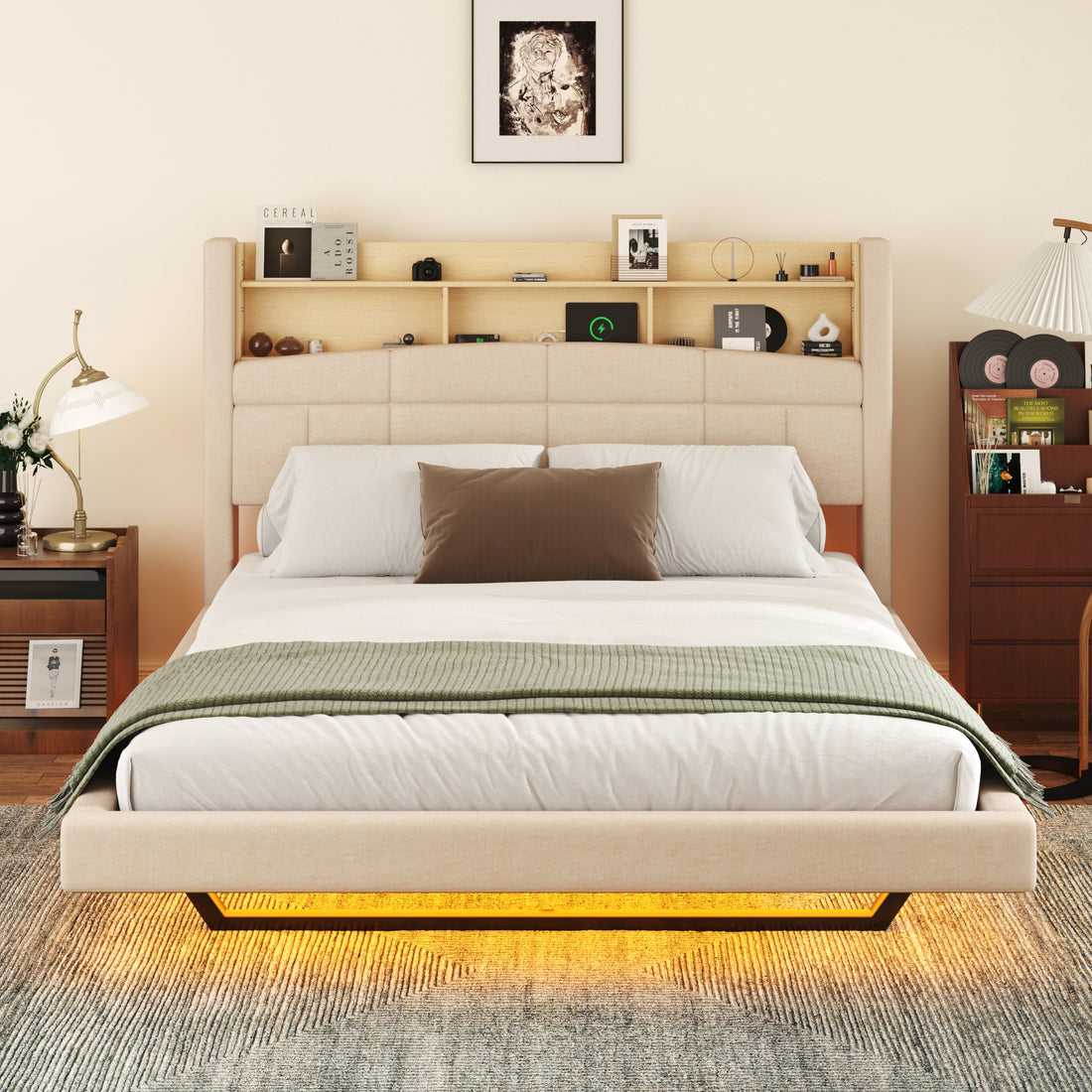 Queen Size Upholstered Floating Bed With Led And Storage Headboard, Beige Box Spring Not Required Queen Beige Wood Bed Frame Linen Upholstered